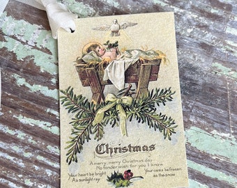 Baby Jesus in Cradle Christmas Gift Tags Vintage Farmhouse Decor Card French Shabby Gift Wrap Christmas Tree Ornament