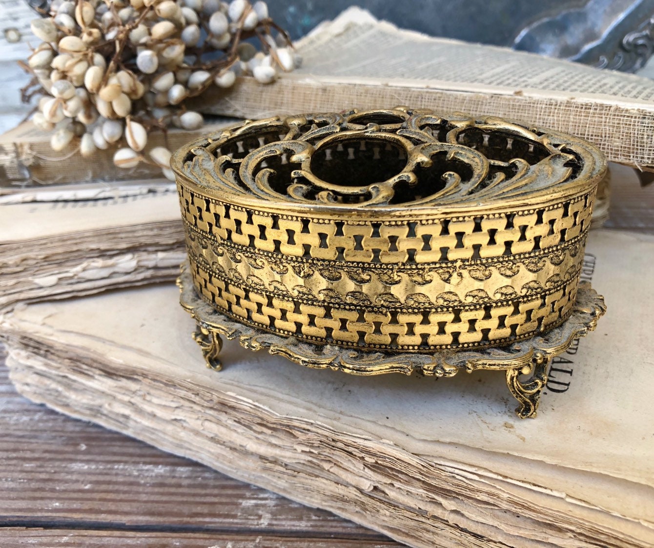 Antique Vintage Lipstick Holder Box Gold Filigree Brass Vanity Footed