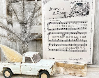 AWAY In A MANGER Sign Wood Vintage Sheet Music Carol Christmas Decor Poster Farmhouse Decor Book Page Wall Art Star of Wonder