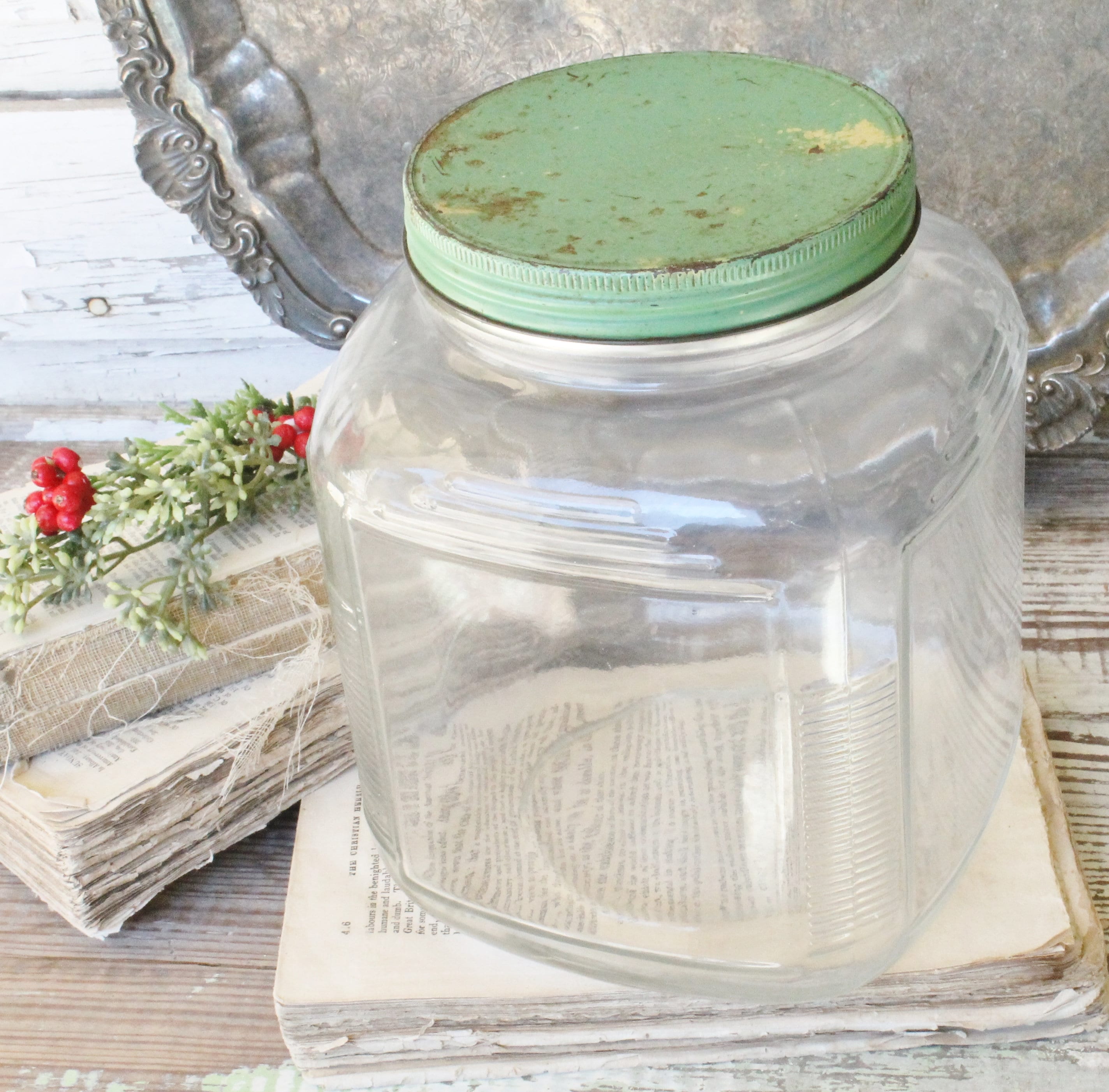 Vintage HOOSIER Glass Jar with GREEN Lid Container Farmhouse Decor
