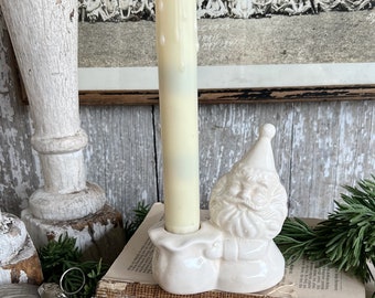 Vintage Ironstone Santa Claus Candle Holder Creamy WHITE Farmhouse Christmas Decor Stained Crazing Brimms