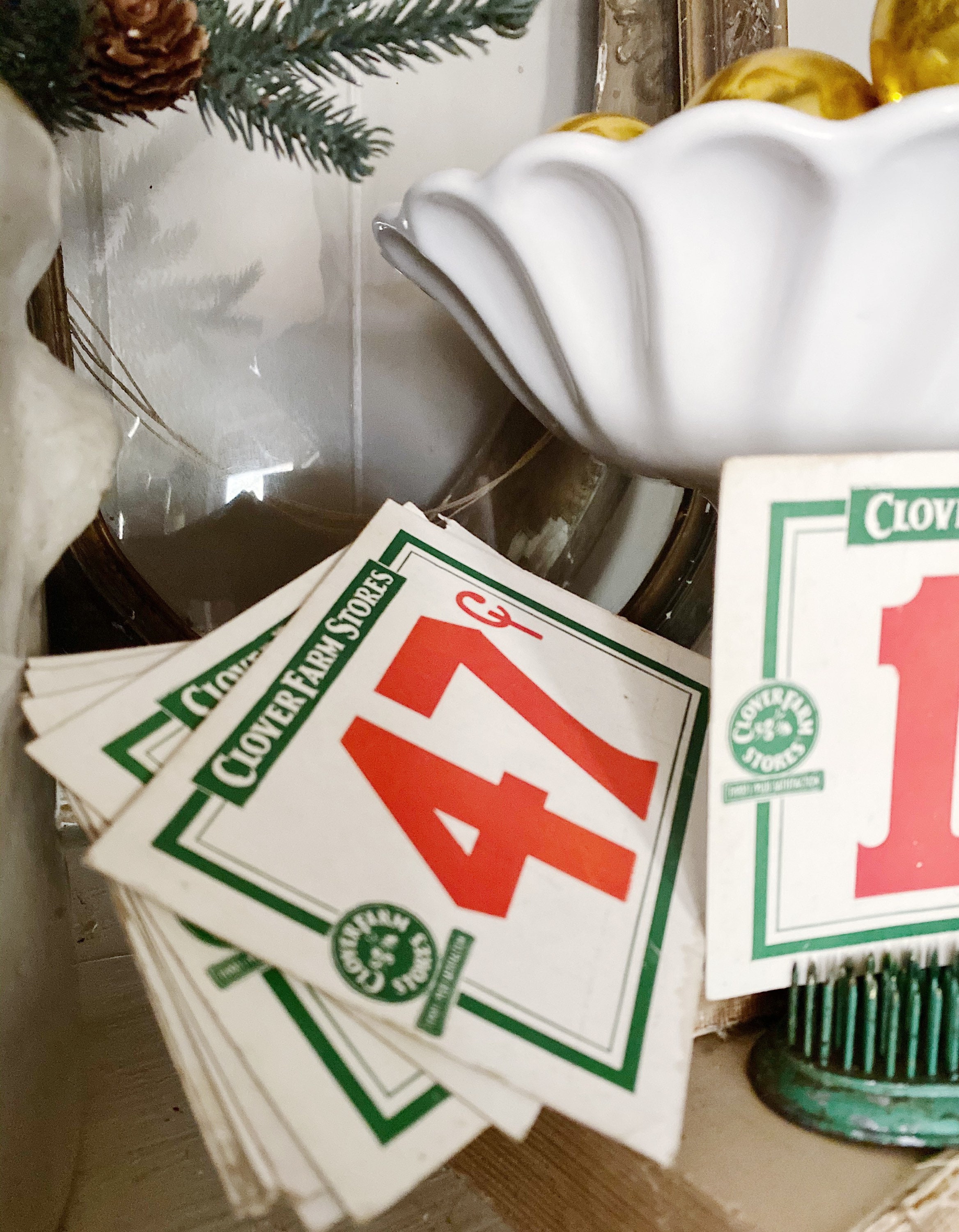 Vintage CLOVER FARM Stores Price Tag Number Card Sign Red Green