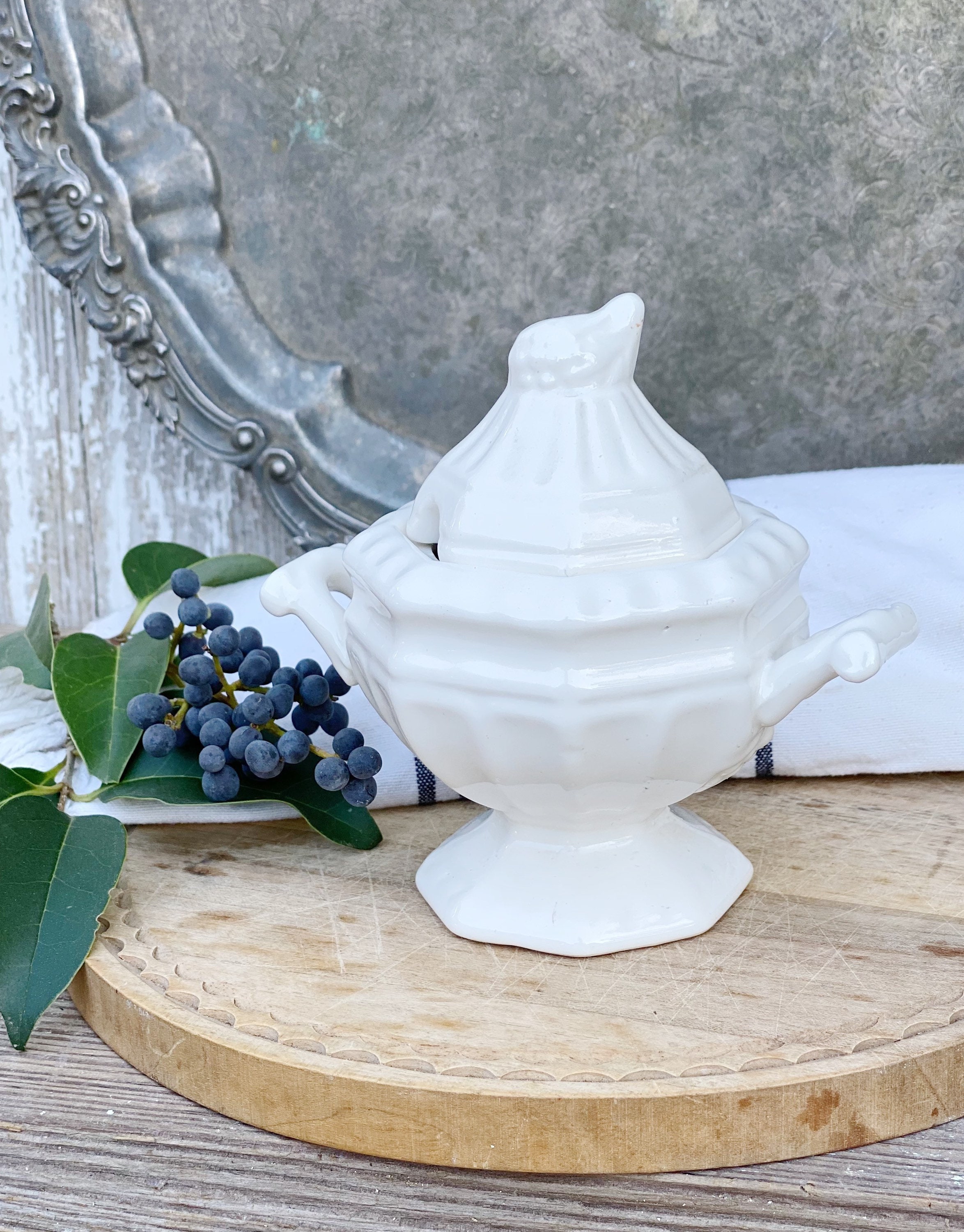 Antique White Vintage Ironstone Tureen Compote Footed Bowl with Handles