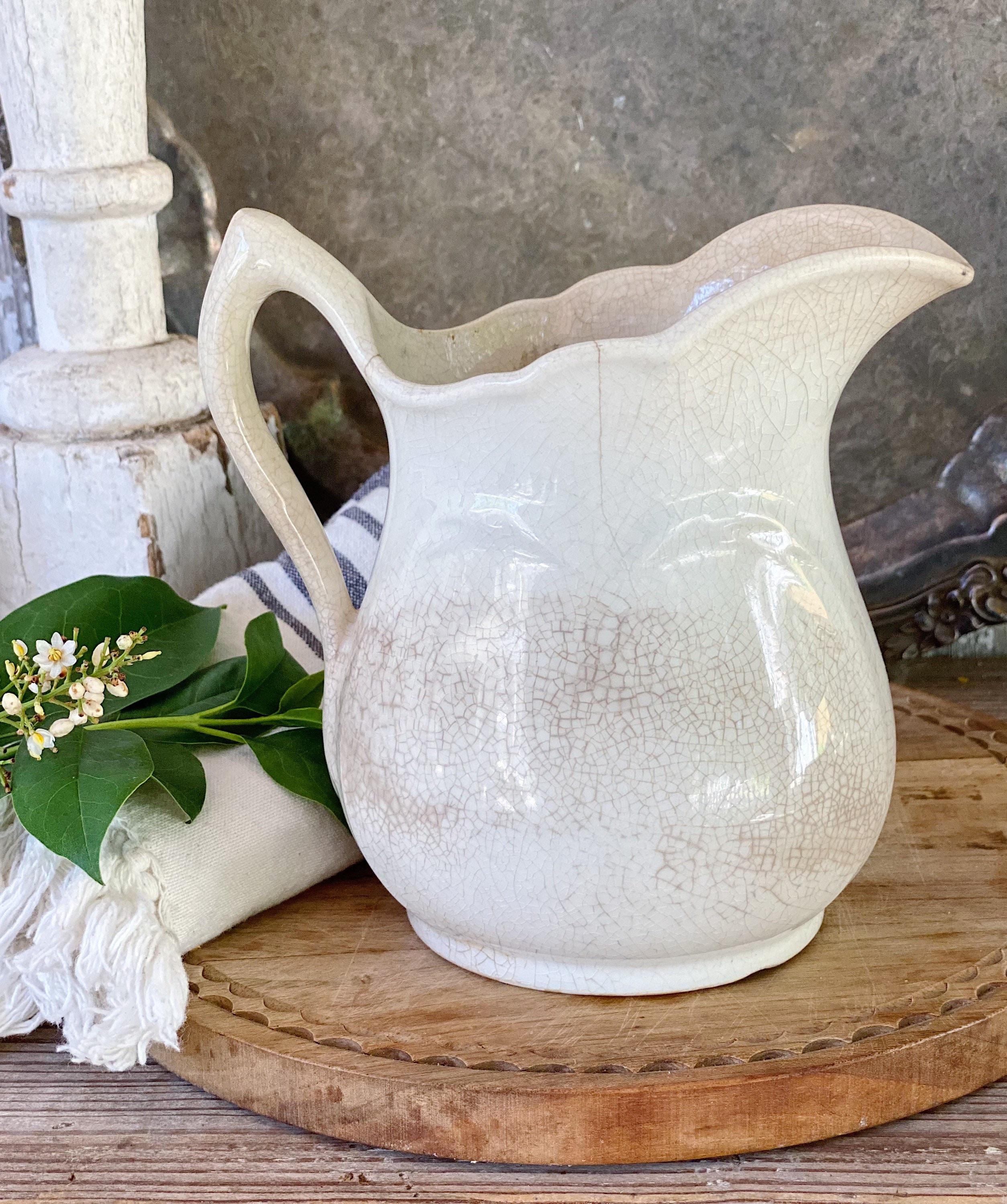 Antique White Ironstone Pitcher Heart Scallop Milk Jug Farmhouse Decor Grungy Crazed Stained
