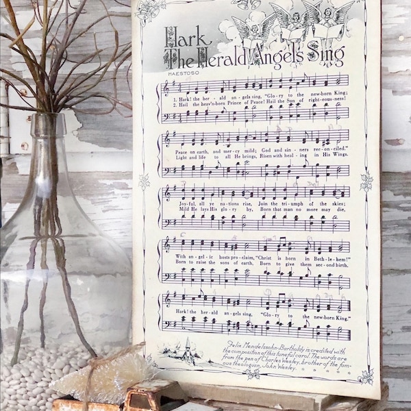 Hark The Herald Angels Sing Sign Wood Vintage Sheet Music Carol Christmas Decor Poster Farmhouse Decor Book Page Wall Art