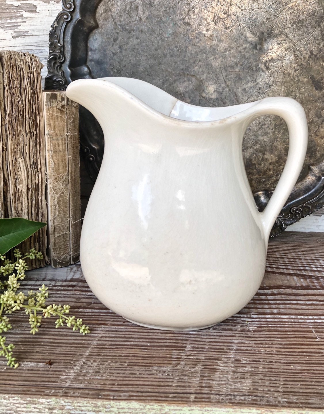 Vintage Creamy White Ironstone Pitcher Jug Farmhouse Decor Fixer Upper