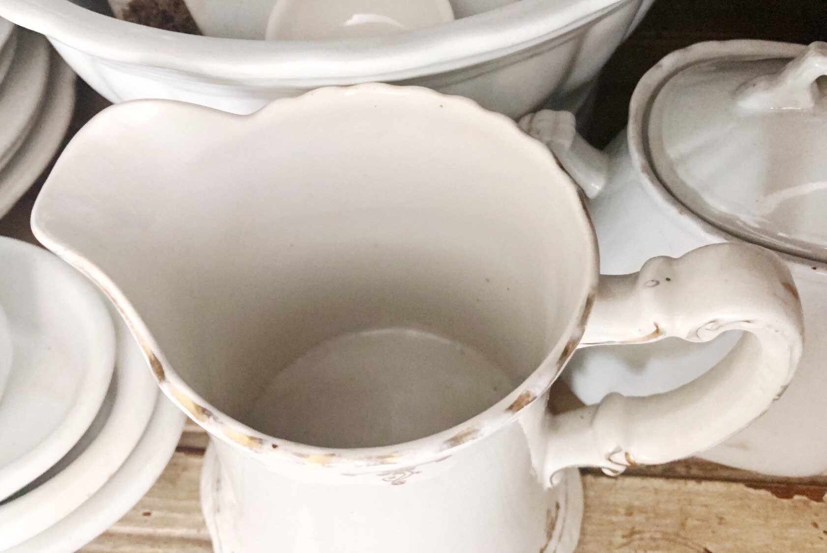 Antique HOMER LAUGHLIN White Ironstone Pitcher Gold Floral ...