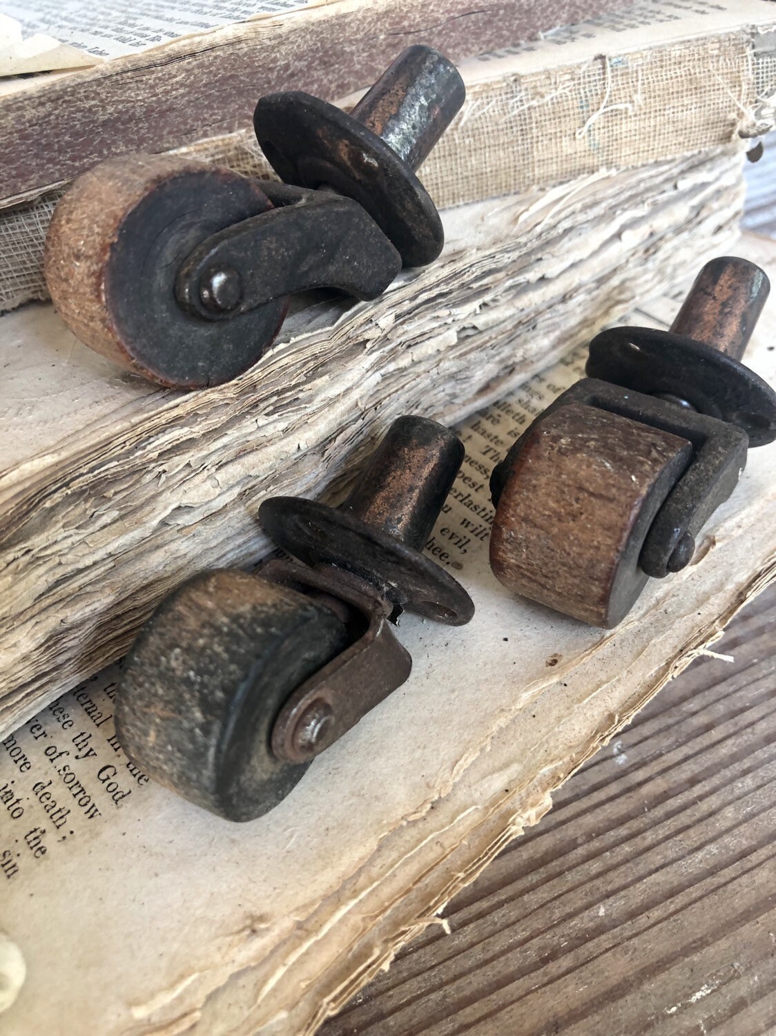 Vintage Wooden Wheels Caster Industrial Salvage Swivel Metal Farm Barn