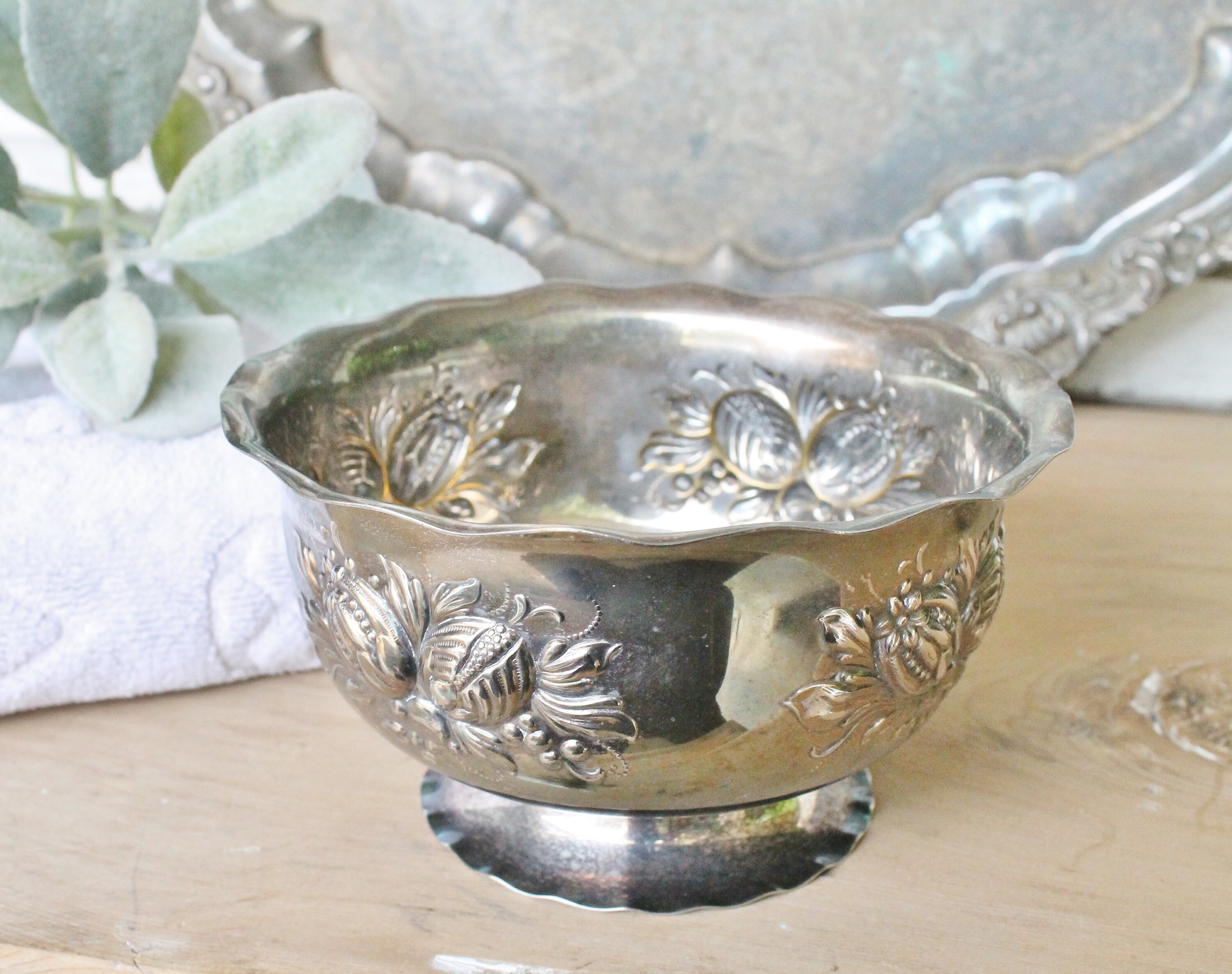 Antique Silver Bowl Compote Farmhouse Decor Fixer Upper Decor Scallop