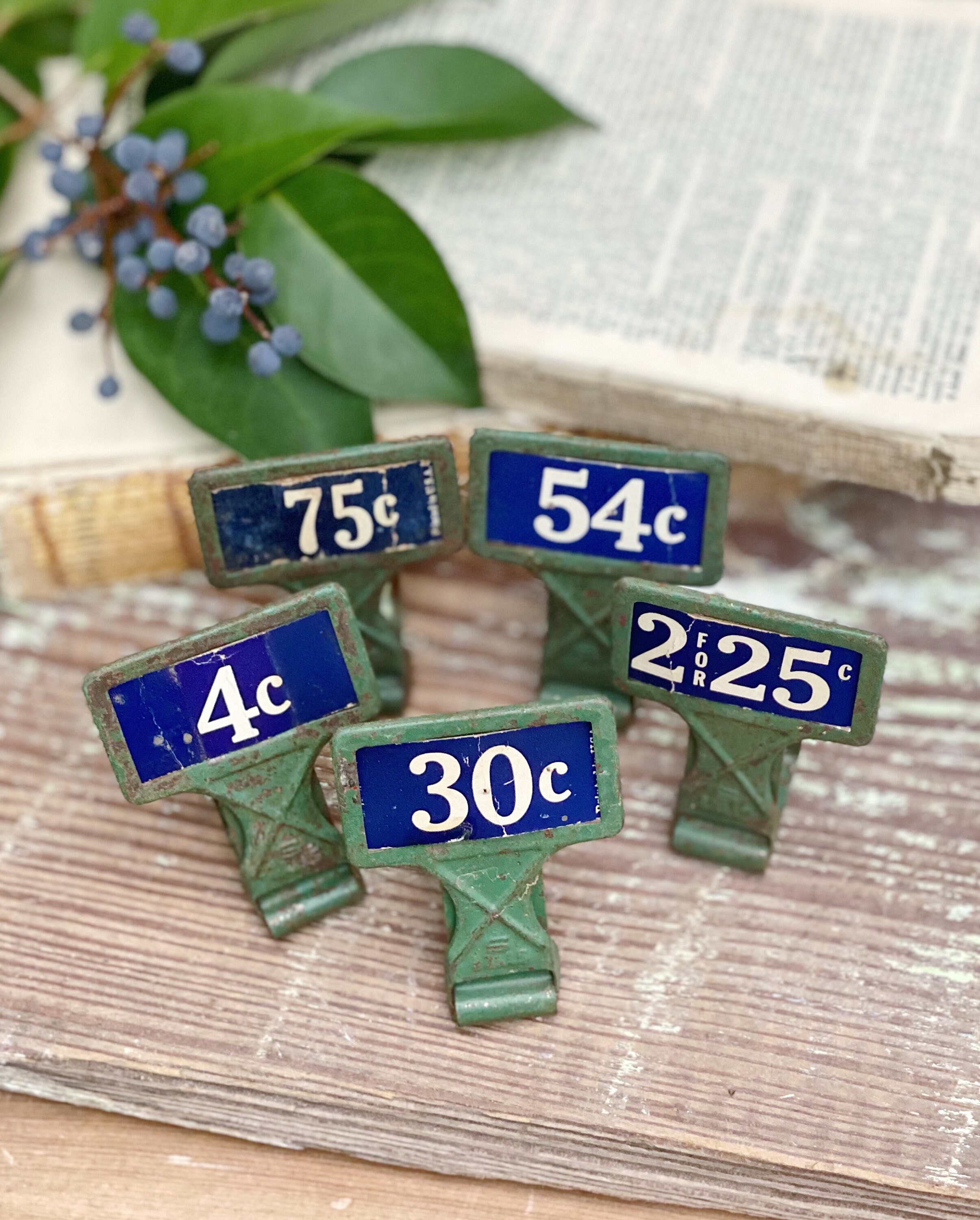 Vintage Metal Price Tag Holder GREEN with BLUE Price Tag Card Antique Mercantile Shelf Clip