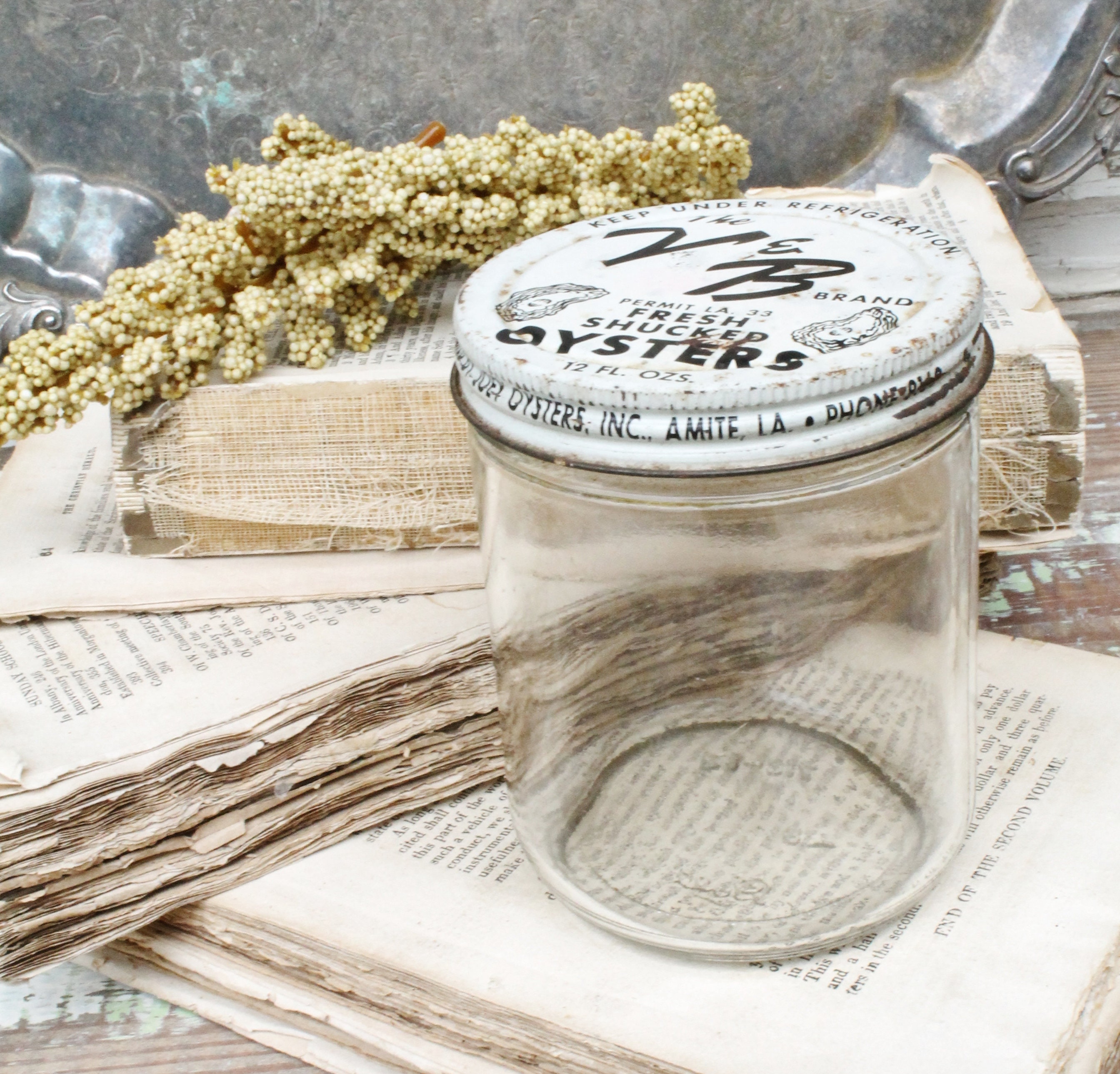 Vintage OYSTER Glass Jar with Lid Black and White BALL JAR Container