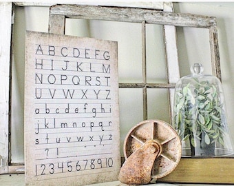 Vintage ALPHABET Poster Wood Sign Mounted Print  Farmhouse Decor ABC School Wall Art Nursery Primitive Handwriting Homeschool Numbers