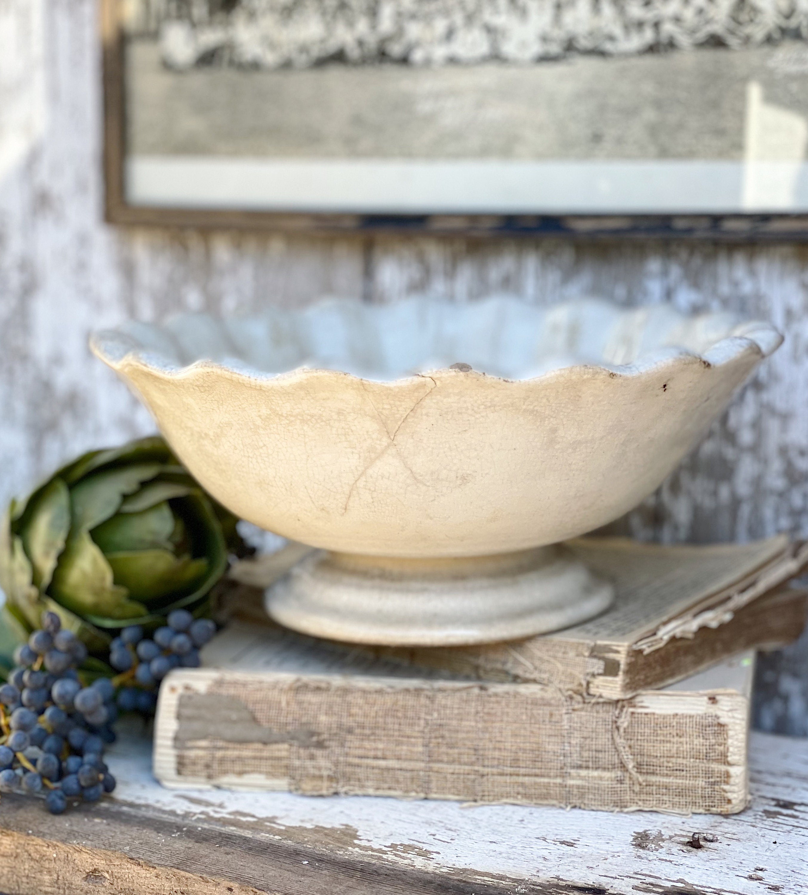 Antique White Ironstone Compote Bowl Lady Finger Scallop Footed MEAKIN