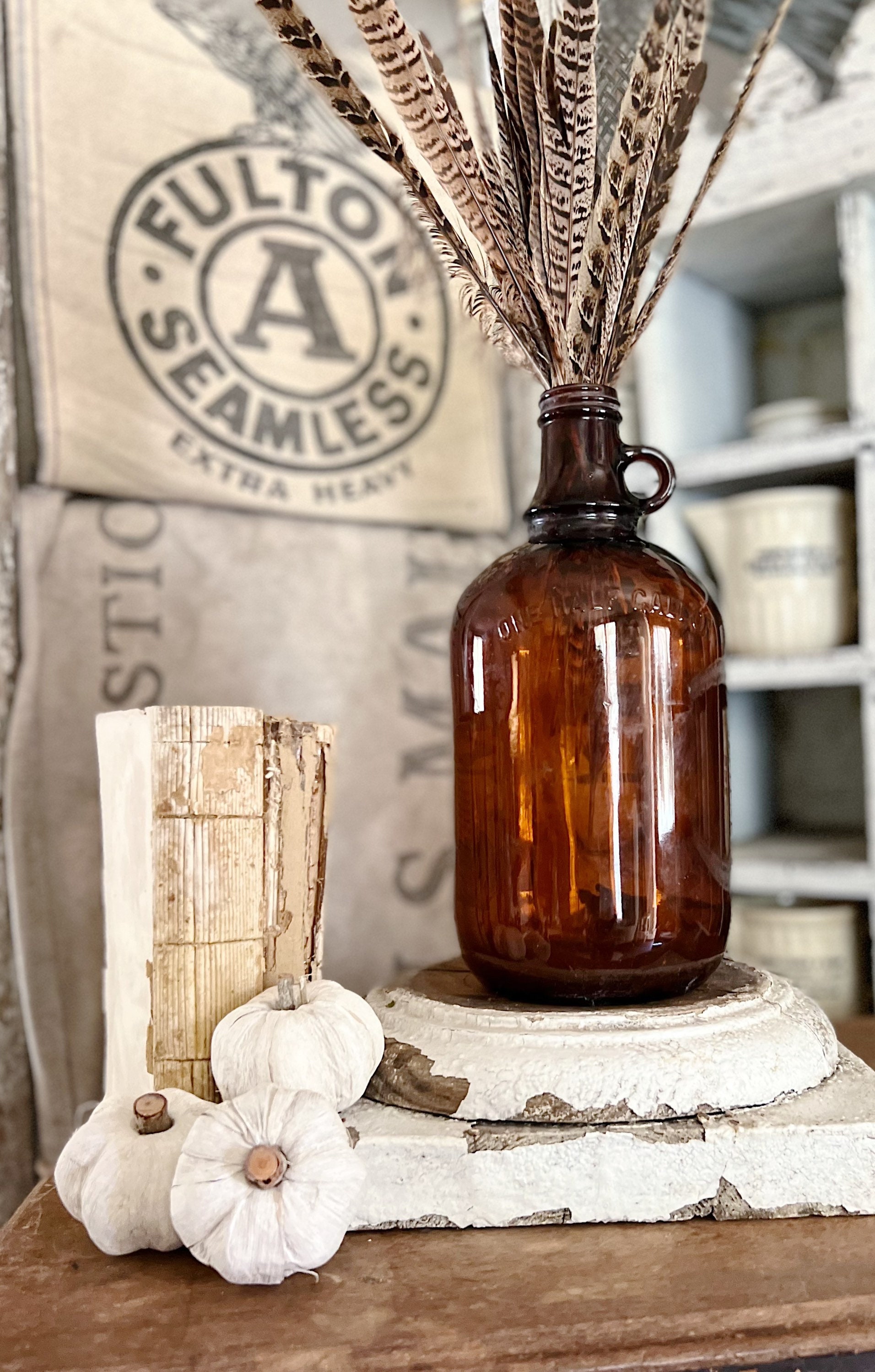 Antique Amber Glass Jug Bottle Brown EXTRA LARGE Glass Apothecary Pharmacy  Fall Farmhouse Decor Centerpiece Vase Industrial Decor Salvage