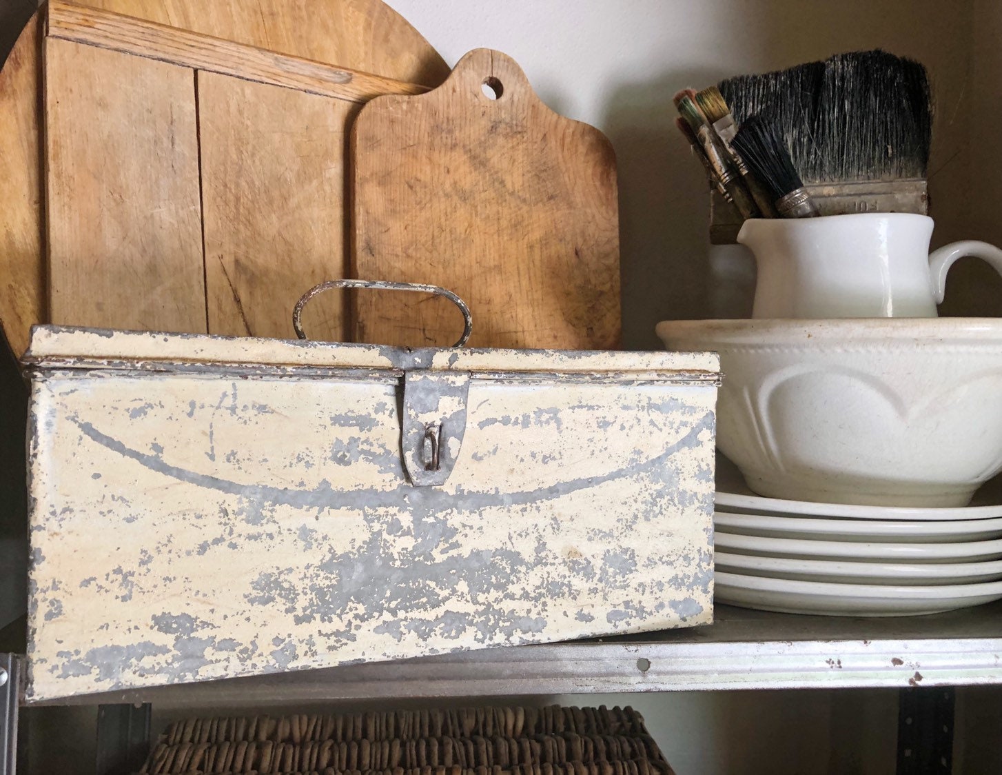 Vintage Metal Tool Box Galvanized Yellow Chippy Paint ...