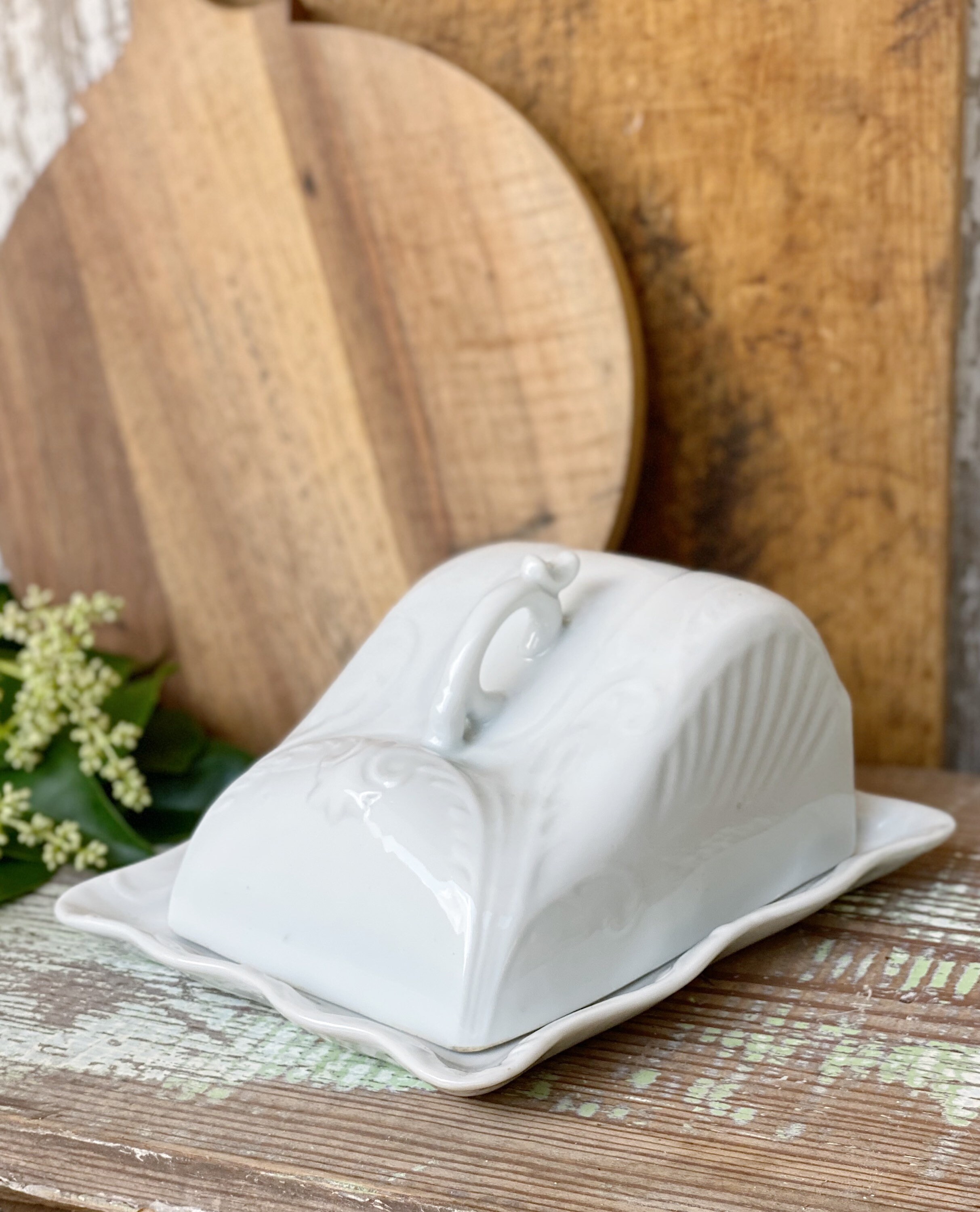 Antique White Ironstone Cheese Cover Dome Lid With Platter