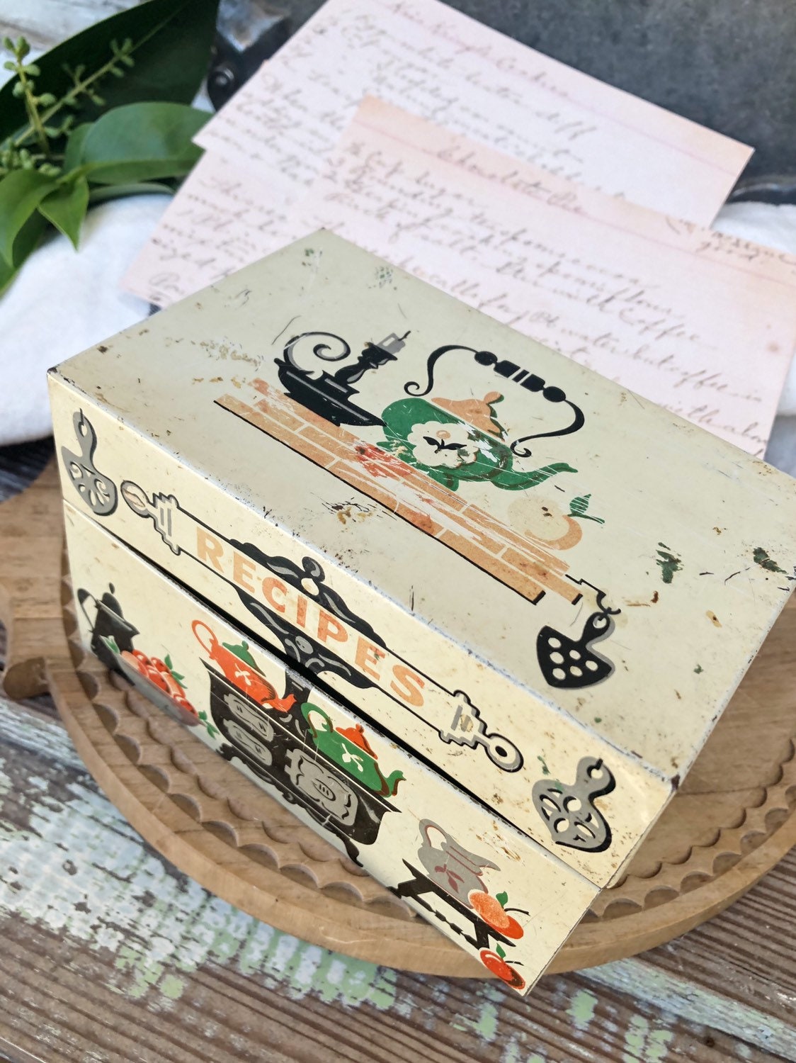 Vintage Metal Tin Recipe Box Painted Primitive Farmhouse Decor