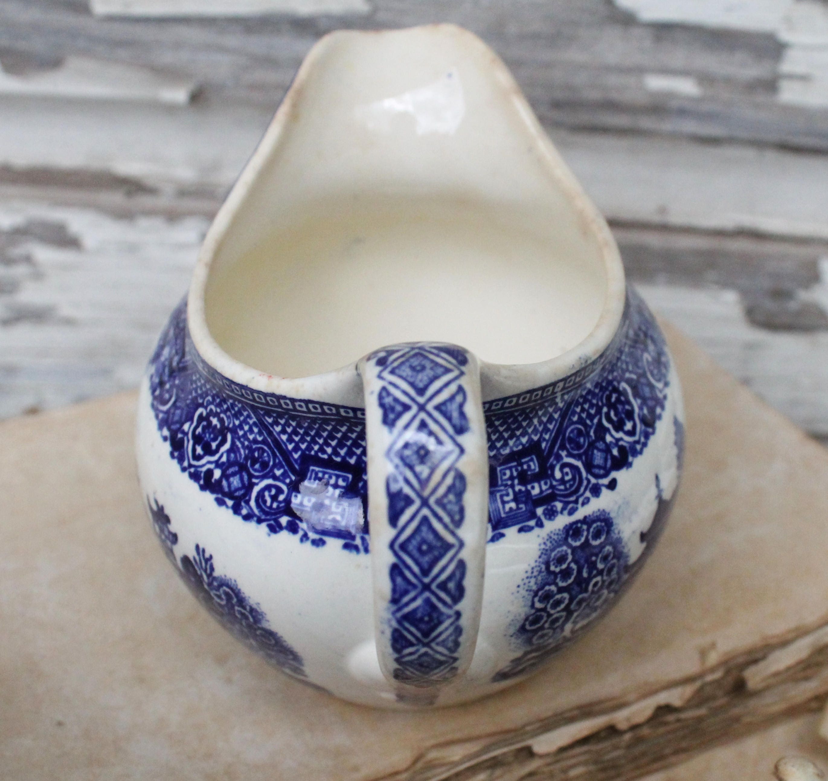 Antique Ironstone Creamer Blue Willow Flow Blue Pitcher Farmhouse
