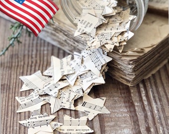 Vintage Sheet Music Paper STAR Confetti Book Page 200 Stars AMERICANA Birthday Holiday Farmhouse Decor Gift July 4th Decor Wrapping