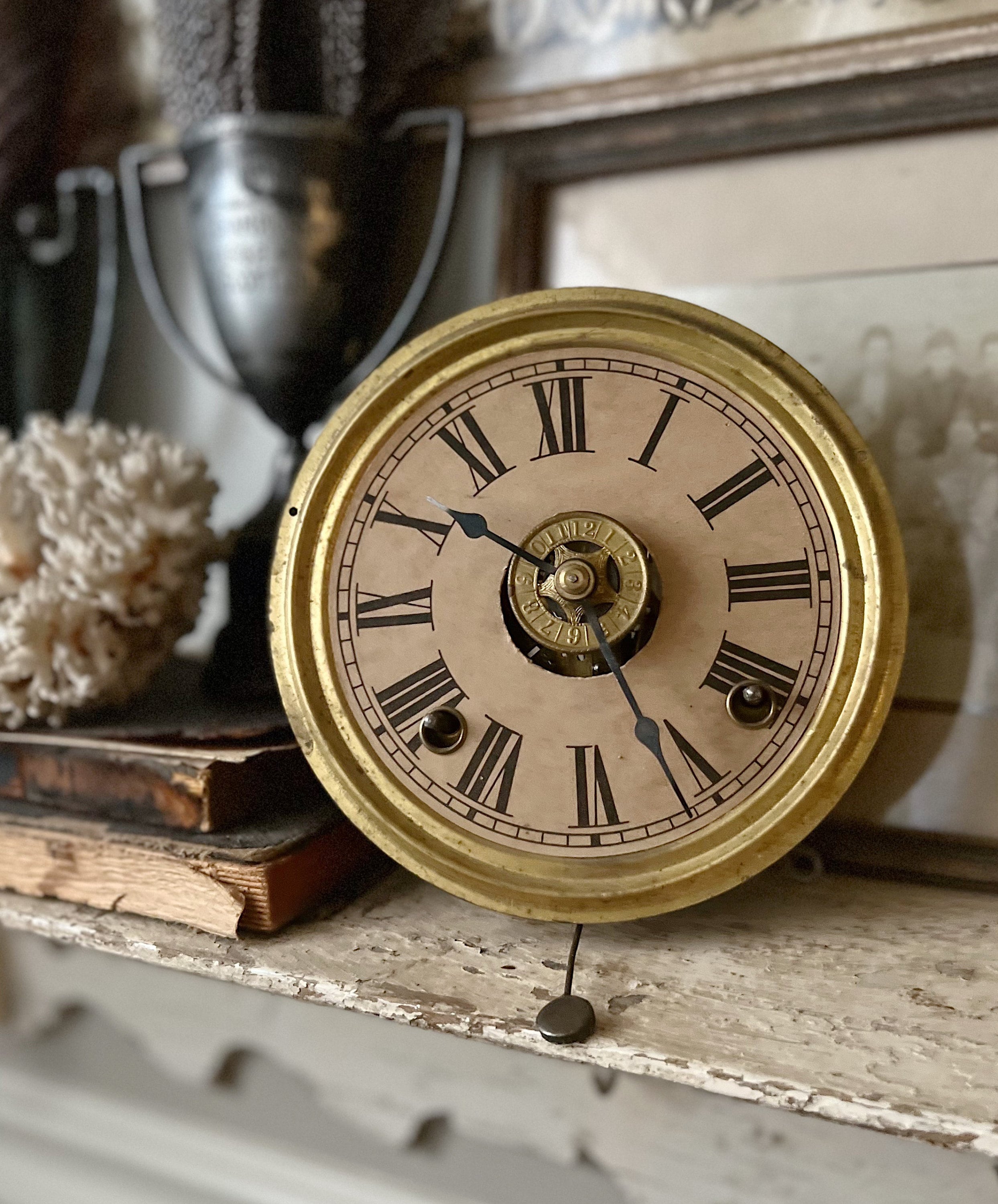Antique Clock Face INGRAHAM Brass Farmhouse Decor Industrial Salvage