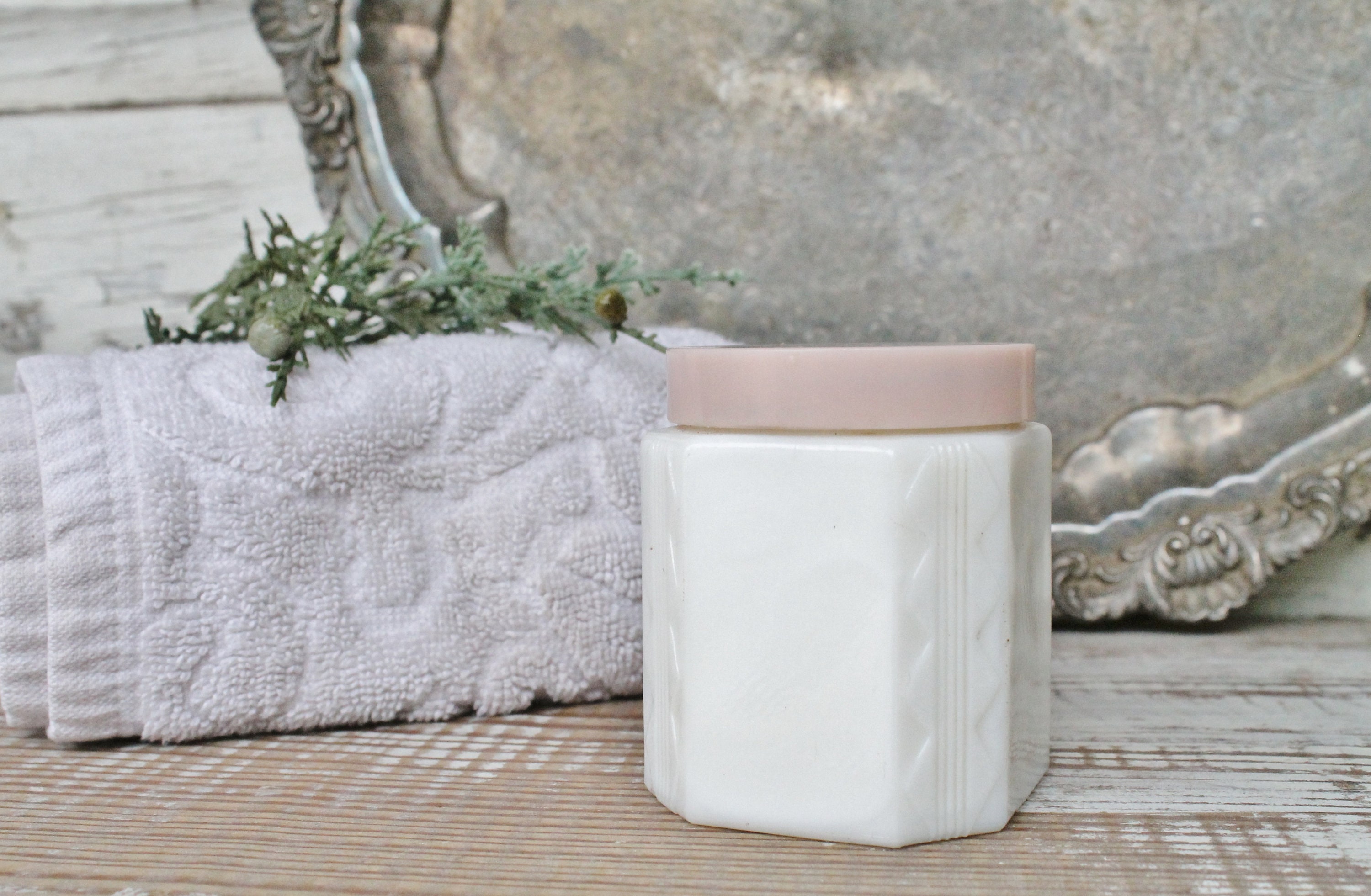 Vintage White Milk Glass Jar Vanity Jar with PINK Lid Farmhouse Decor Vanity Fixer Upper Decor
