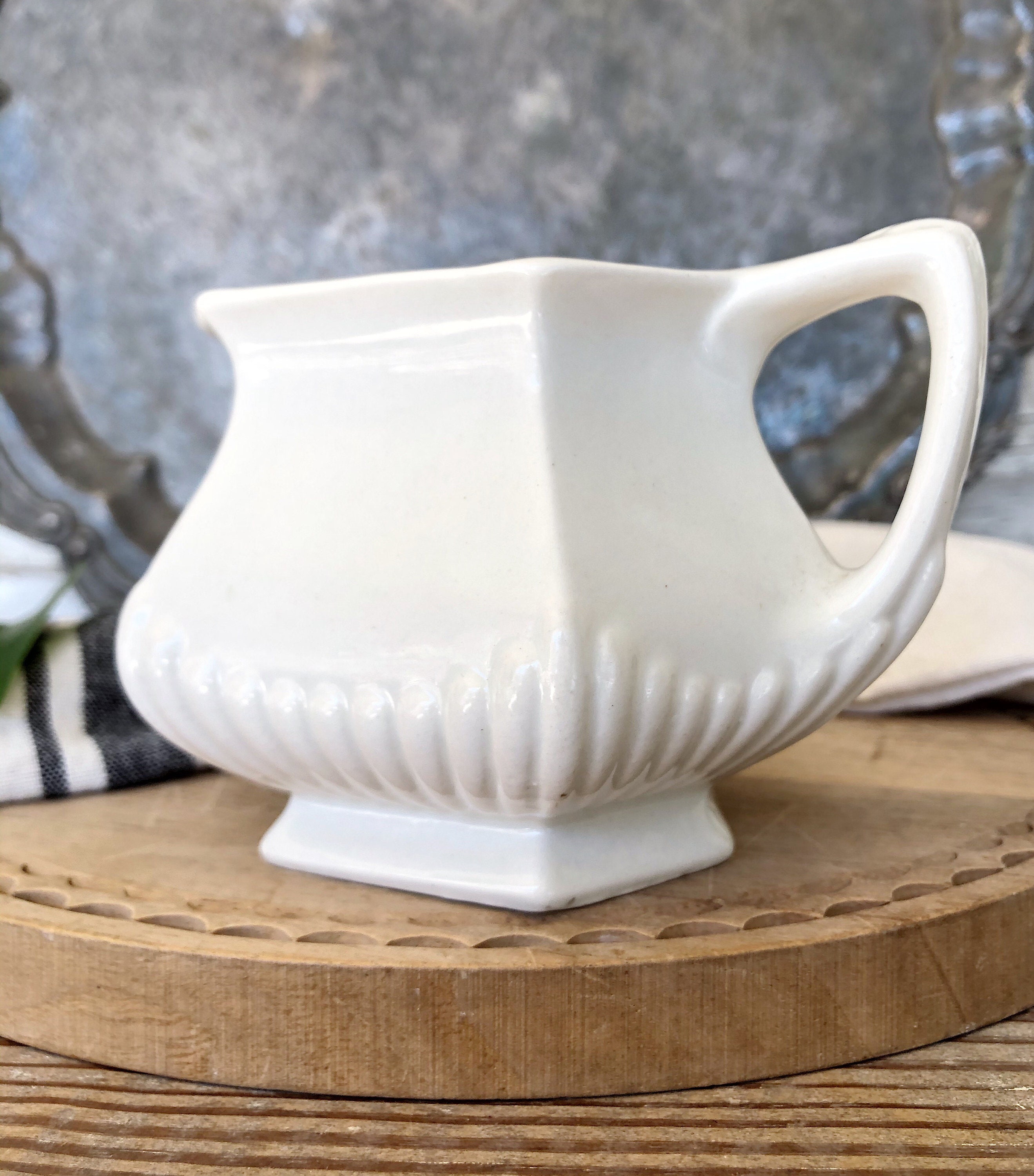 Antique White Ironstone ADAMS Creamer Pitcher Farmhouse Decor Fixer