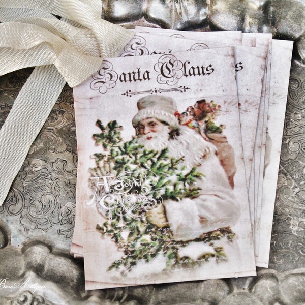 Christmas Gift Tags Vintage SANTA CLAUS with Tree Farmhouse Christmas Decor Christmas Card French Shabby Gift Wrap