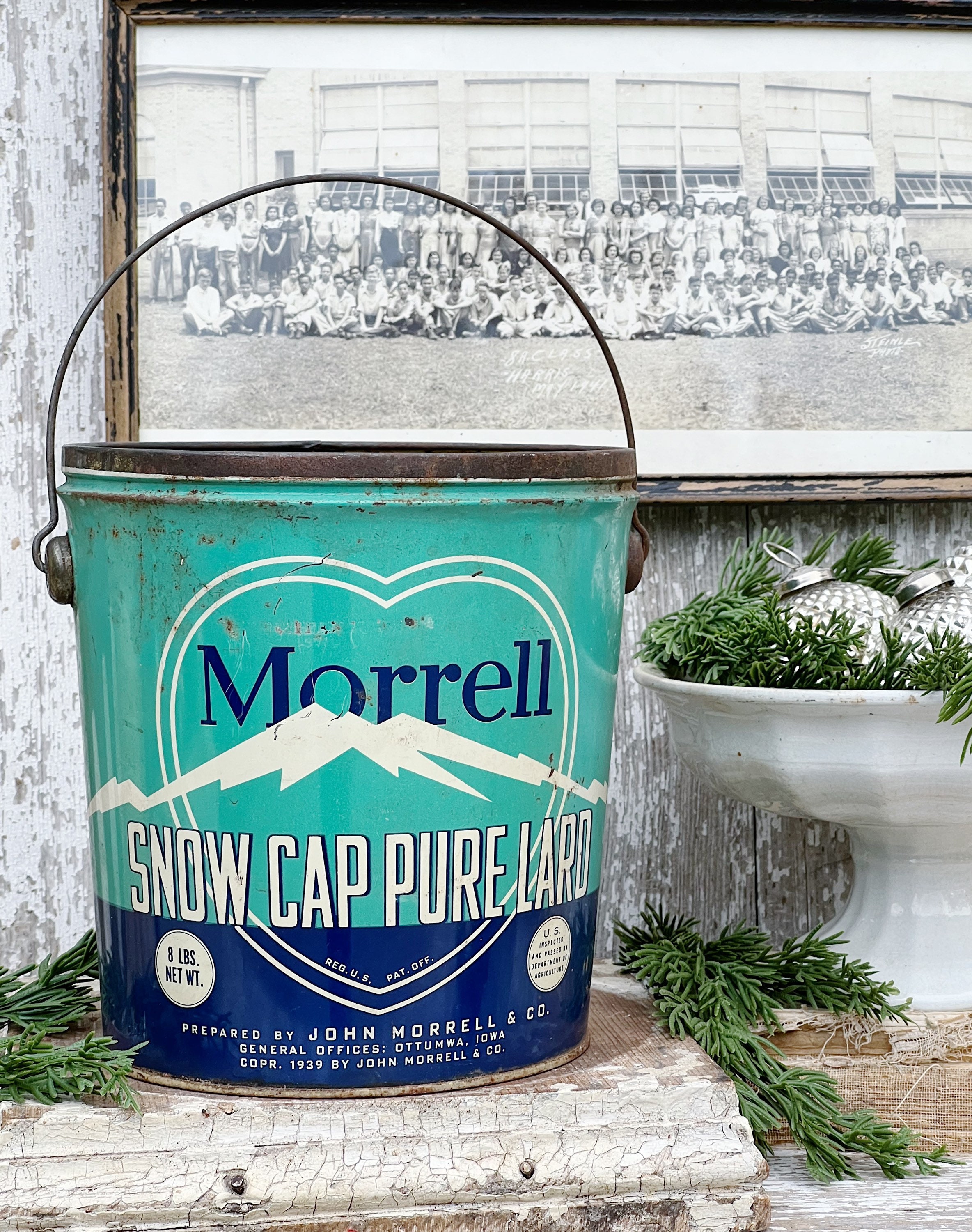 Antique MORRELL Snow Cap LARD Bucket with Bail Handle Galvanized Blue