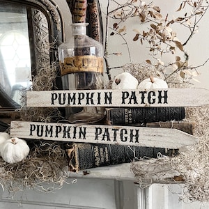 May include: A rustic fall-themed display featuring two white wooden signs that read "PUMPKIN PATCH" in black lettering. The signs are layered with small white pumpkins, antique books, and decorative branches. A vintage glass bottle is also present.