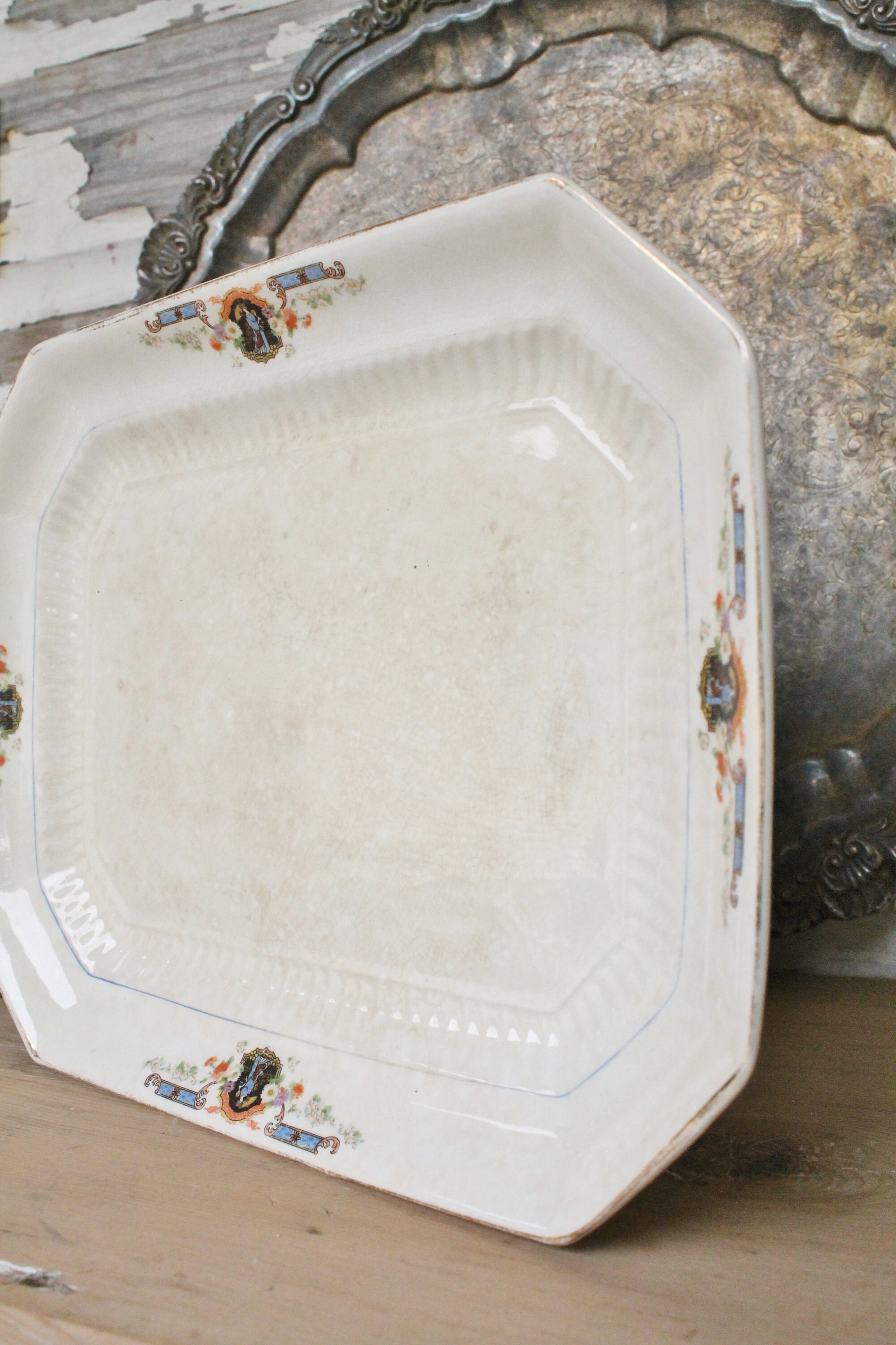 Antique White Ironstone Platter Grungy Farmhouse French Fixer Upper Decor Rectangle