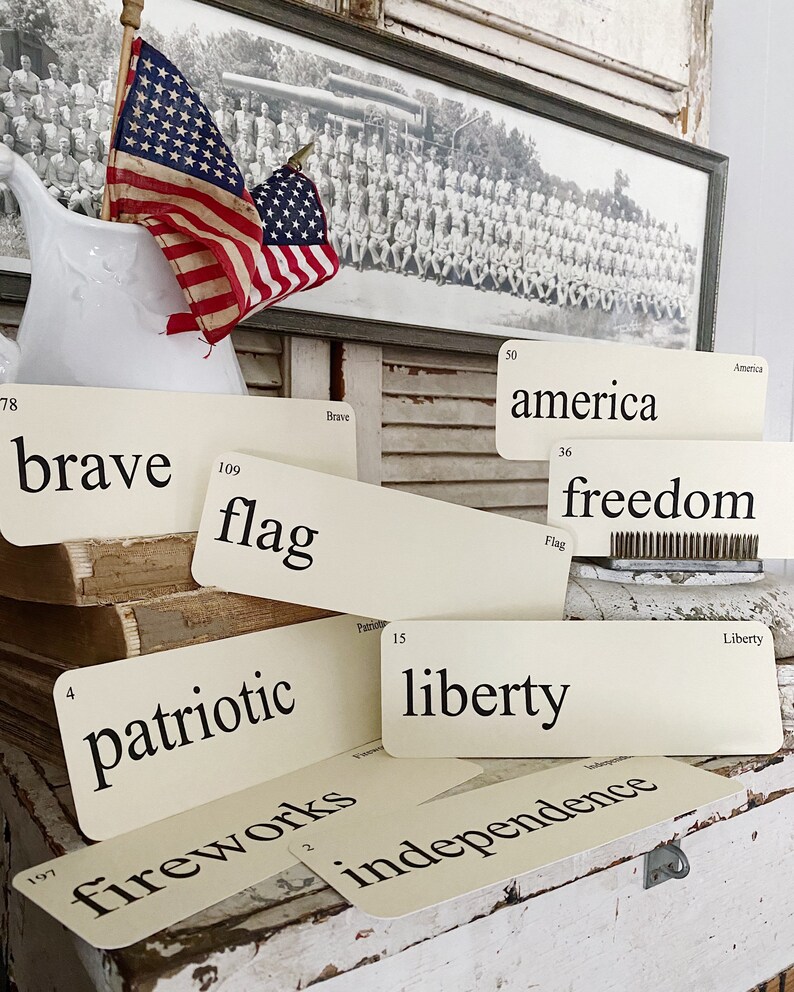 AMERICA Flash Cards LARGE Vintage Inspired Word Flashcard SET Of 8 Americana Farmhouse Patriotic Freedom Independence July 4th Americana image 2