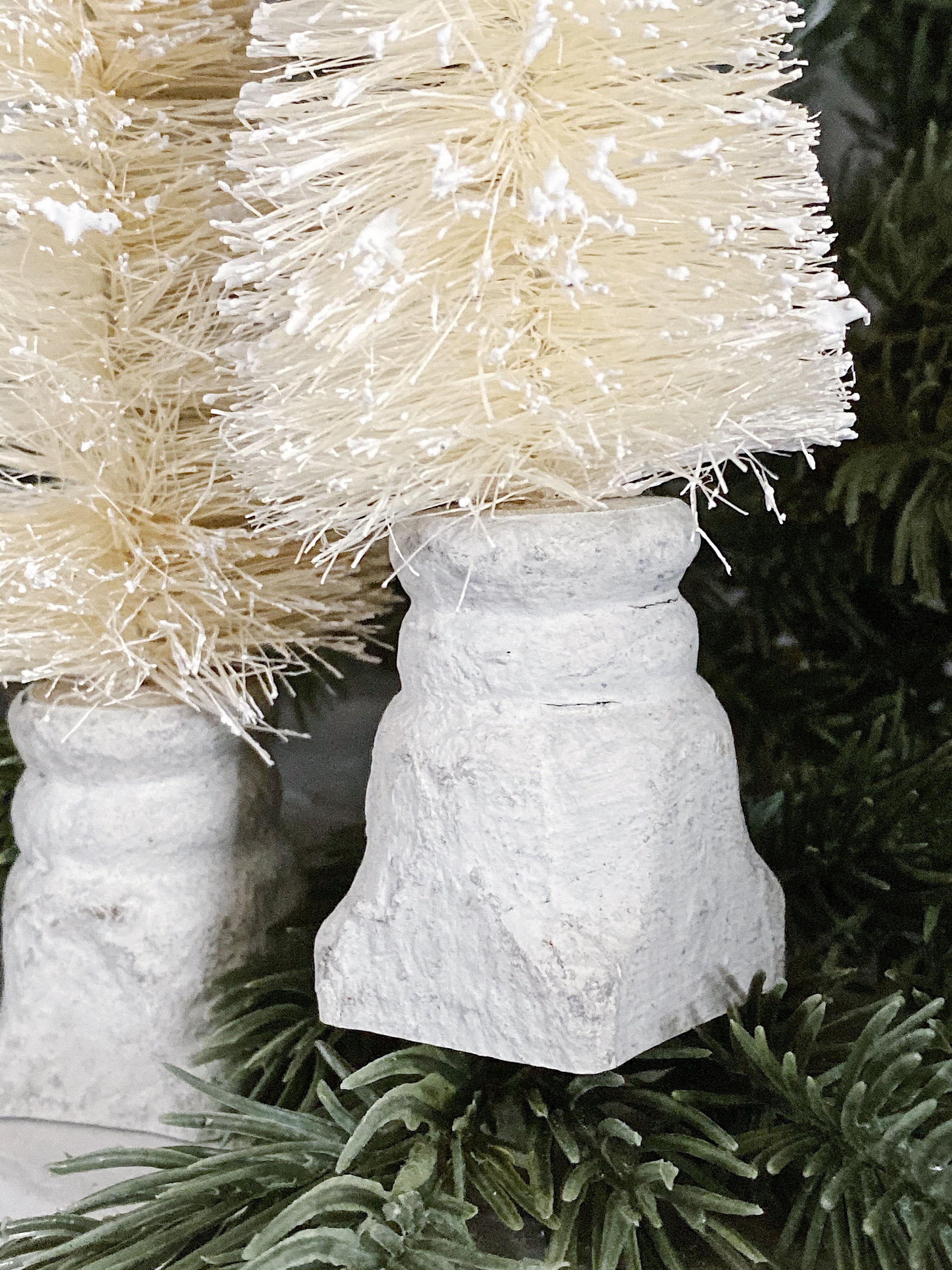 Christmas Bottle Brush Tree Salvaged Wood Base WHITE Flocked Tree Vintage Architectural Chippy