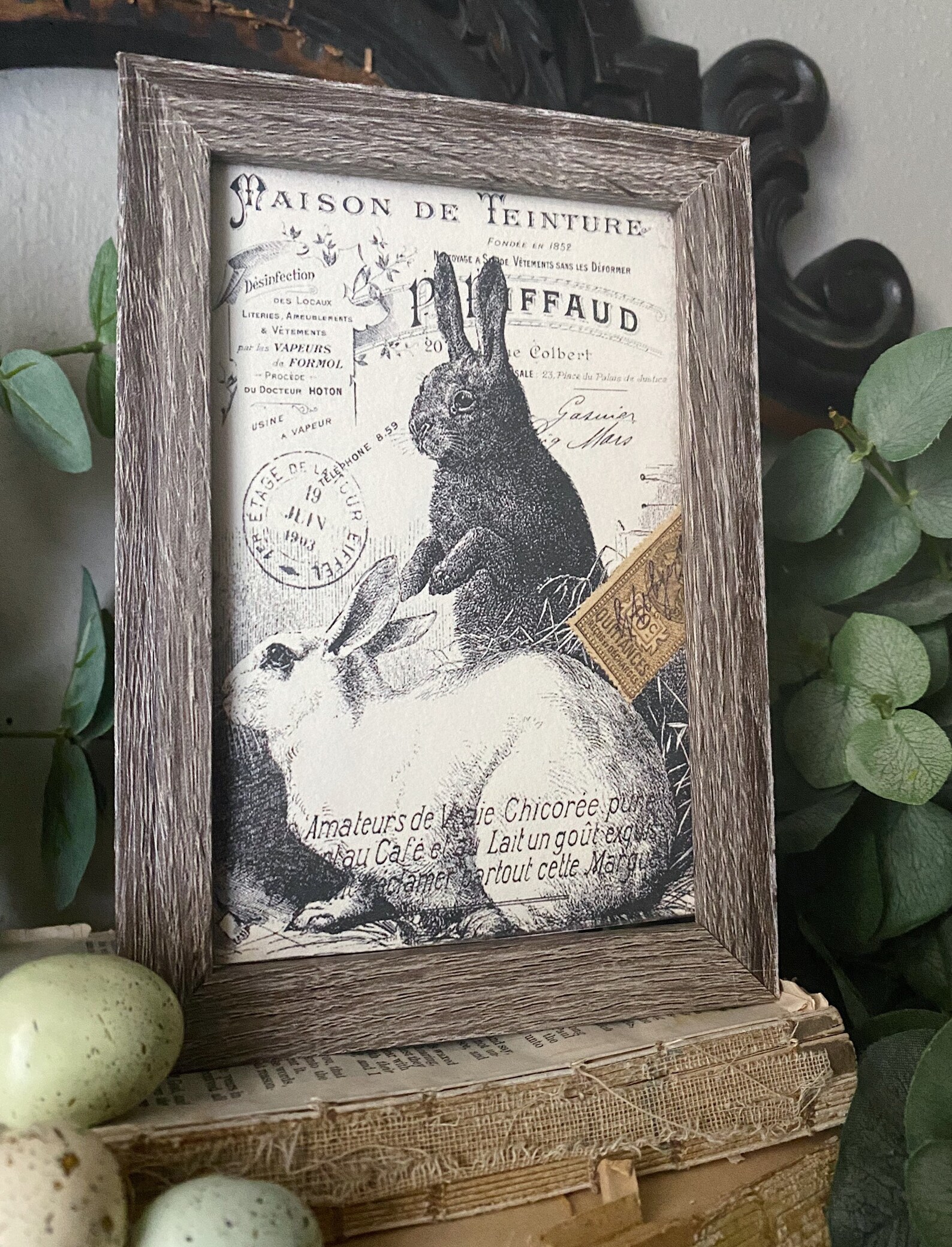 EASTER RABBITS BUNNY Framed Sign Post Card French Farmhouse Decor Barn ...