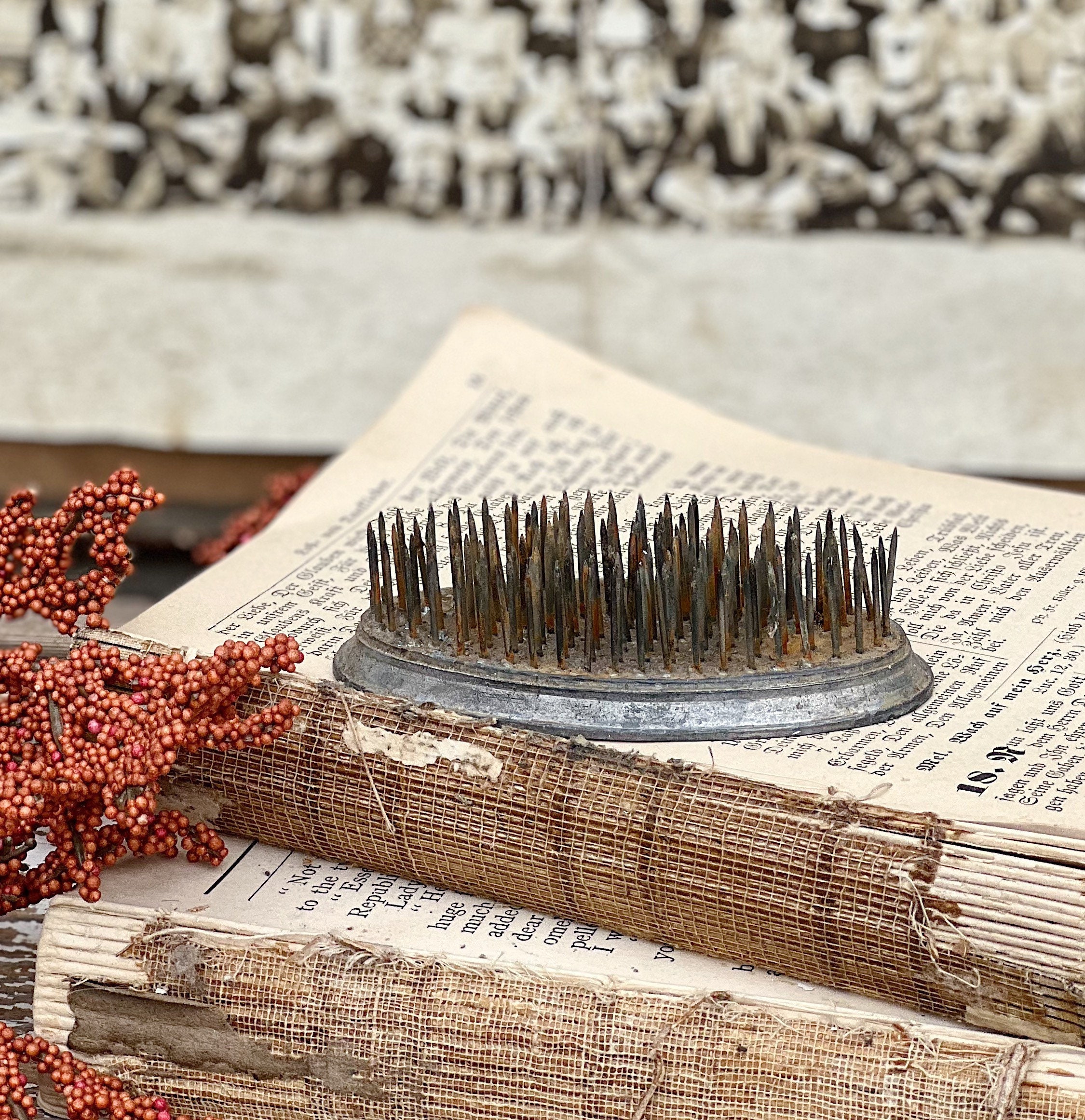 Vintage Metal Floral Frog OVAL Flower Holder Gunmetal Silver Farmhouse