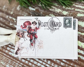 Christmas Gift Tags Vintage SANTA BICYCLE Post Card Farmhouse Decor Card French Shabby Gift Wrap Christmas Tree Ornament