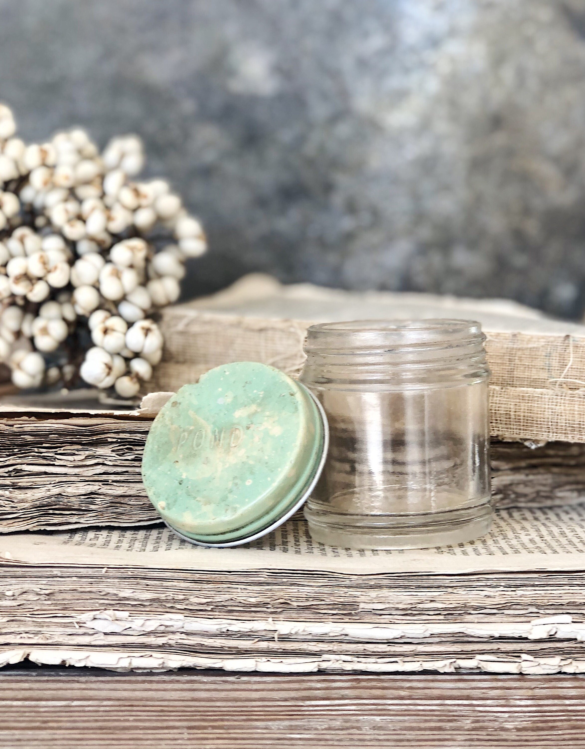 Vintage PONDS Glass Jar Vanity Jar with GREEN Lid Farmhouse Decor
