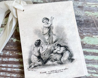 Gift Tags Infant BABY JESUS COURAGE with Angels  Farmhouse Decor French Prayer Holy Card Religious Christmas Christian Catholic Easter