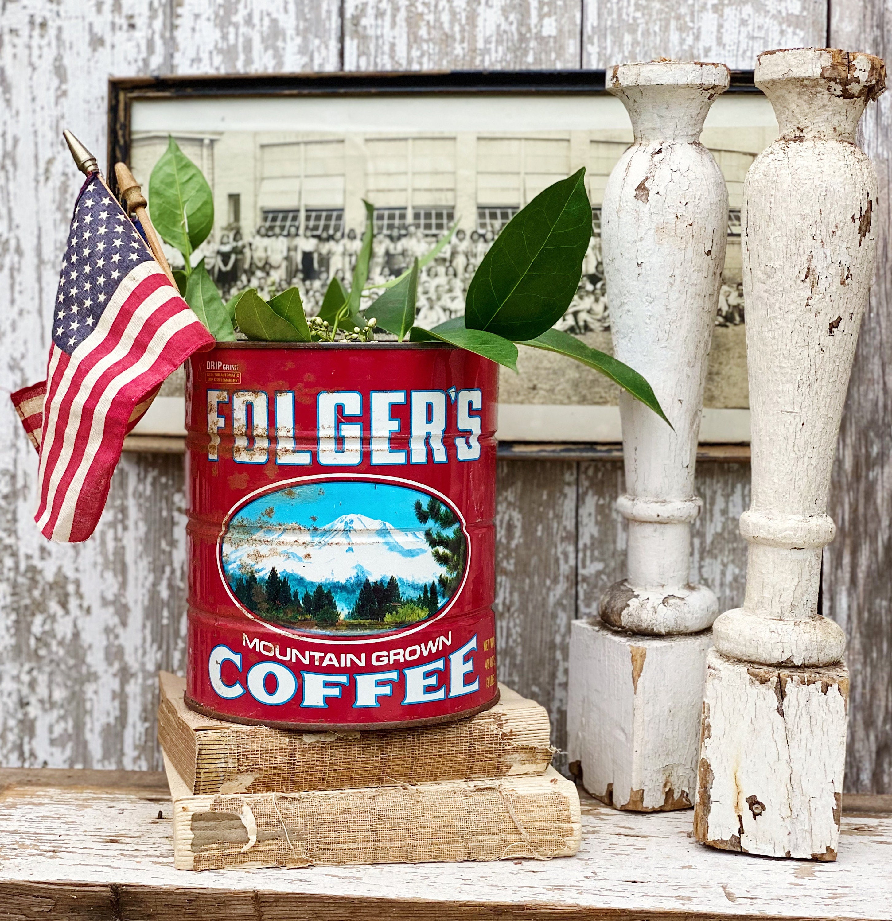Vintage FOLGERS Coffee Can Tin Canister Farmhouse Decor Red White Blue