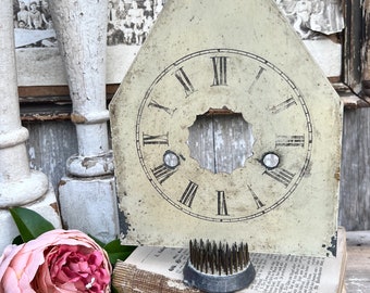 Antique WHITE Clock Face Steeple Farmhouse Decor Industrial Salvage Vintage Metal Clock Dial Painted Chippy