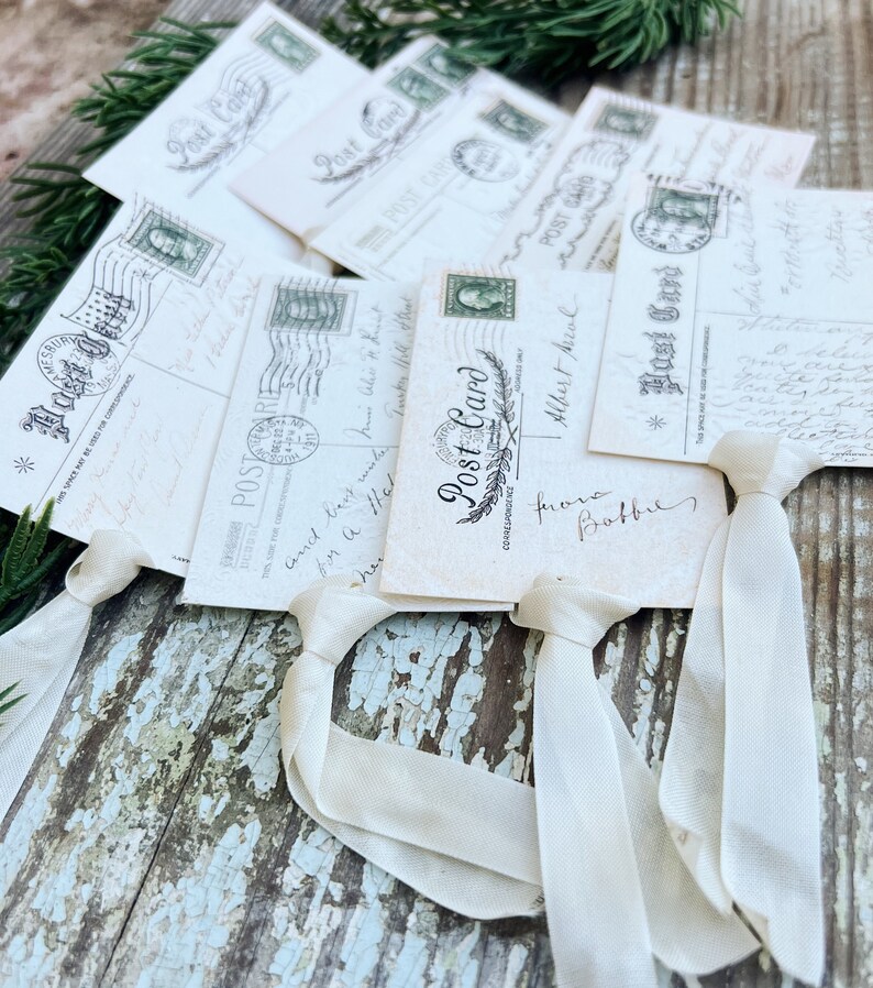 Postcard Ribbon Christmas Vintage Gift Tags POST CARD GREEN Stamps Farmhouse Christmas ...