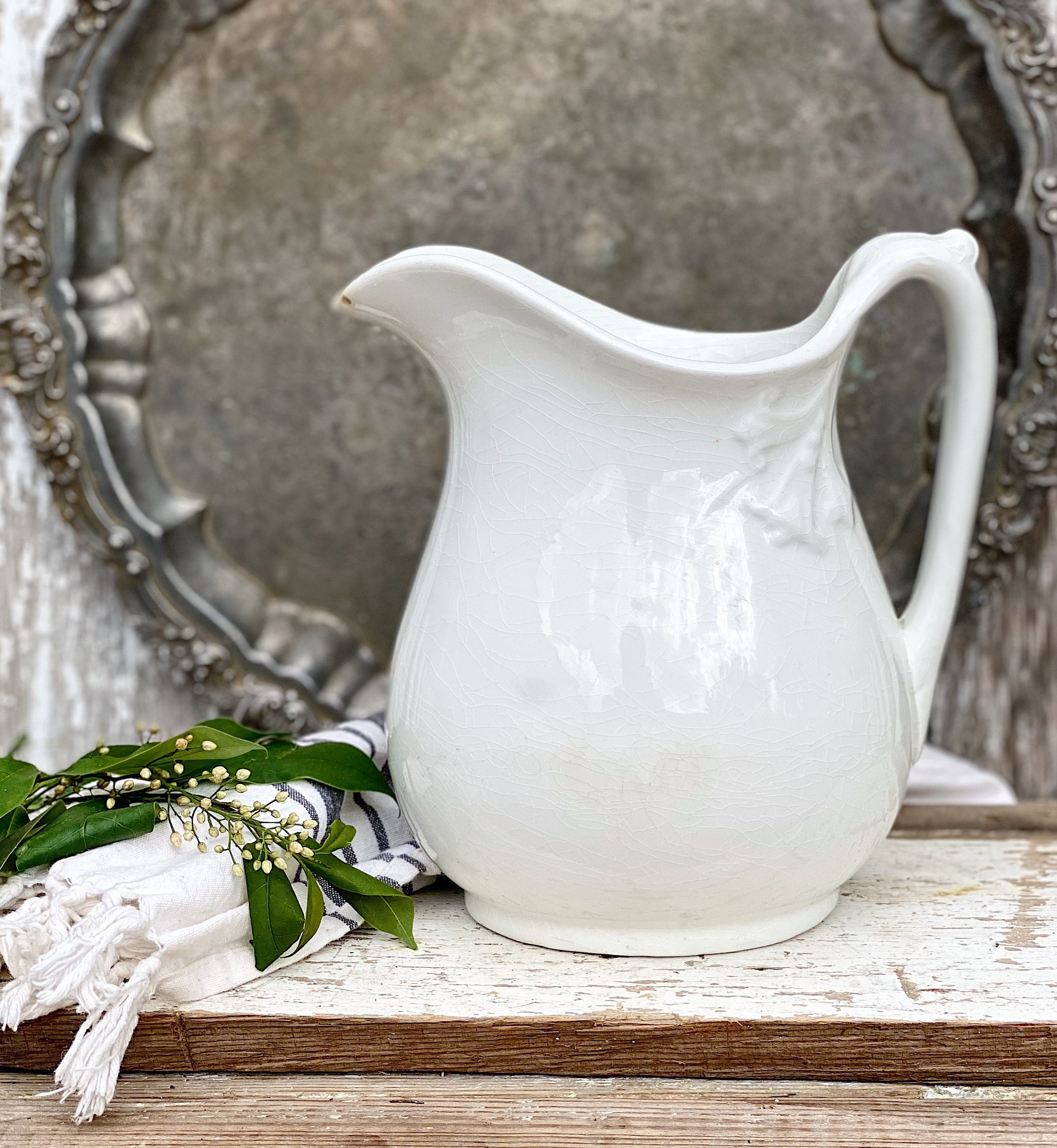 Antique White Pitcher Milk Jug Ironstone With Handle Farmhouse Cottage Chic  Vintage Kitchen Table Decor White Vase 