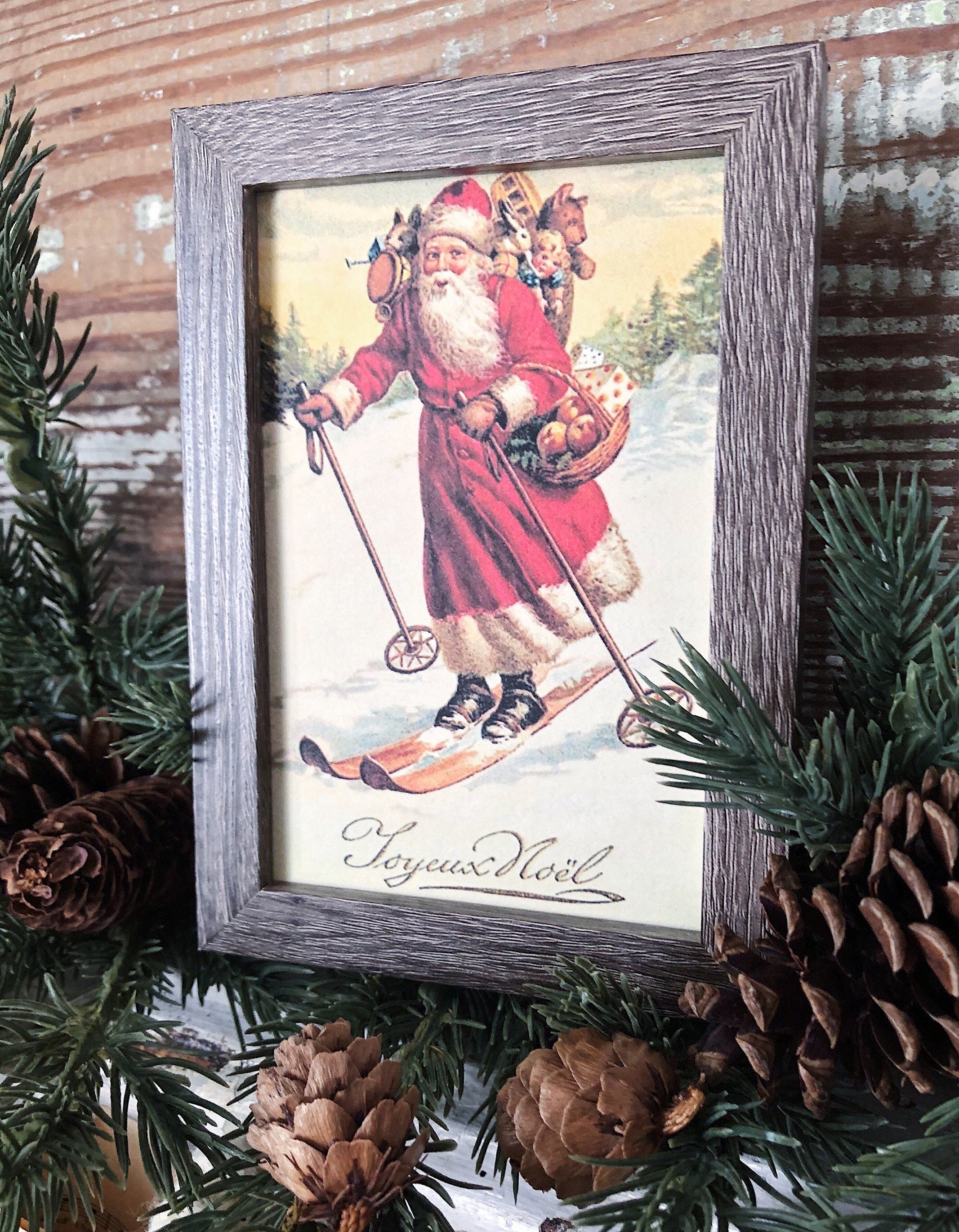Vintage Christmas Frame Santa Joyeux Noel Framed Sign Farmhouse Christmas Decor Barn Wood Rustic Christmas Sign
