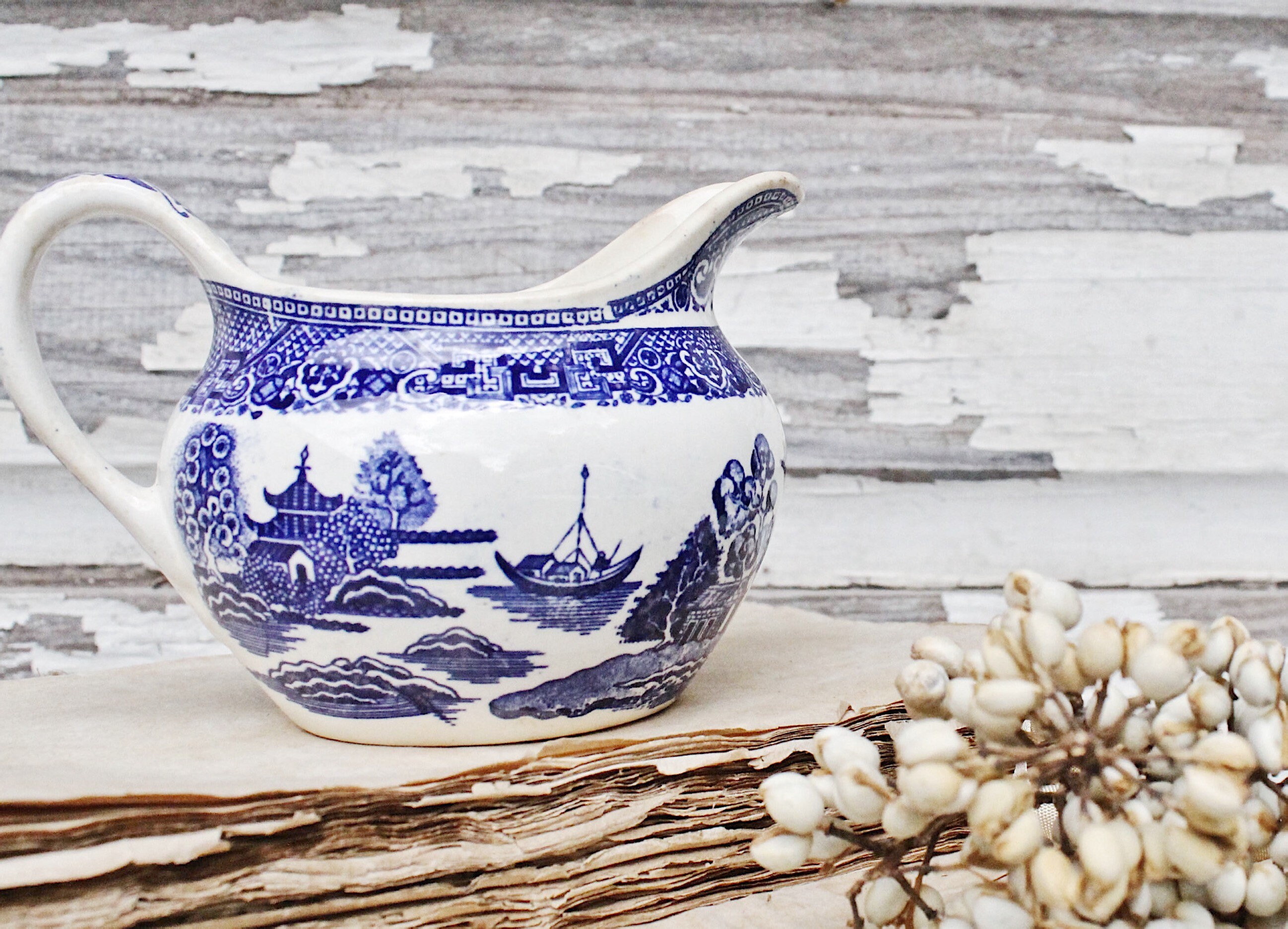 Antique Ironstone Creamer Blue Willow Flow Blue Pitcher Farmhouse
