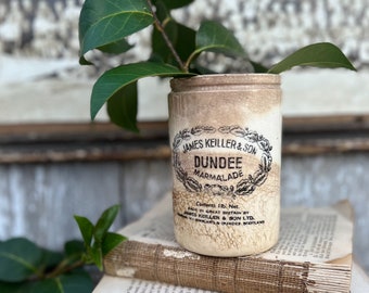 Antique Marmalade IRONSTONE Jar DUNDEE James Keiller Crock Farmhouse Decor Fixer Upper England White Black 1797 1 Pound