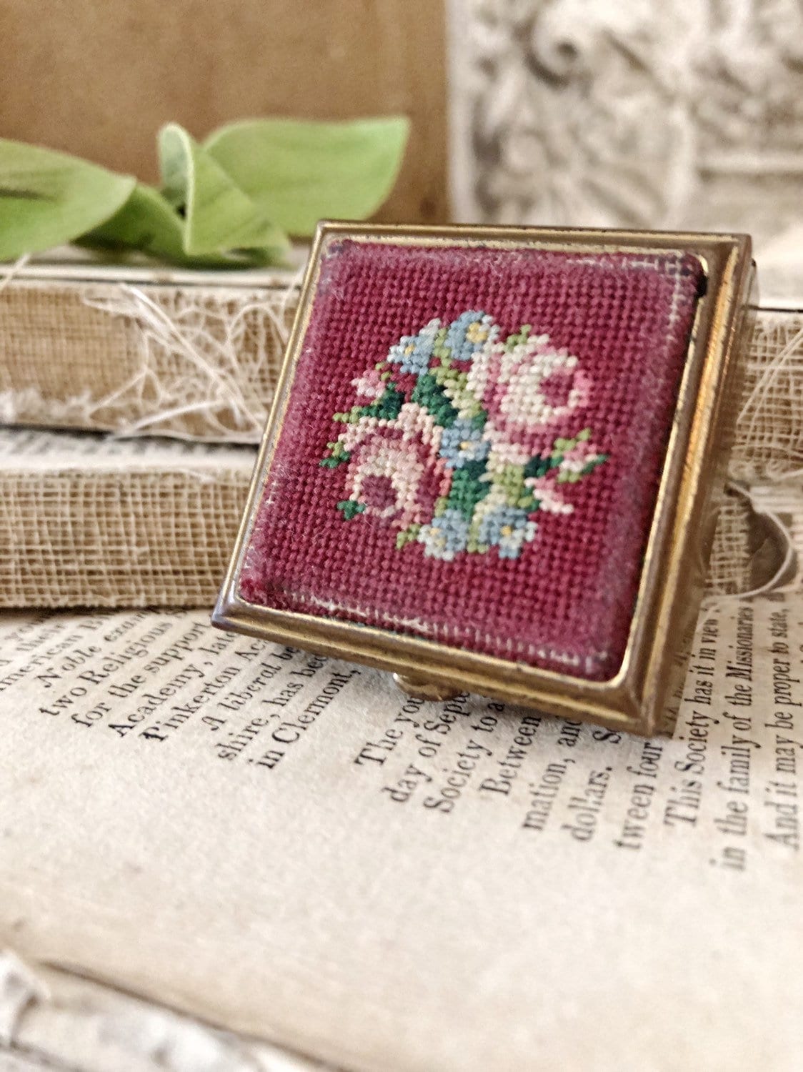 Antique Pill Box Needlepoint Box Farmhouse Decor Vanity Victorian