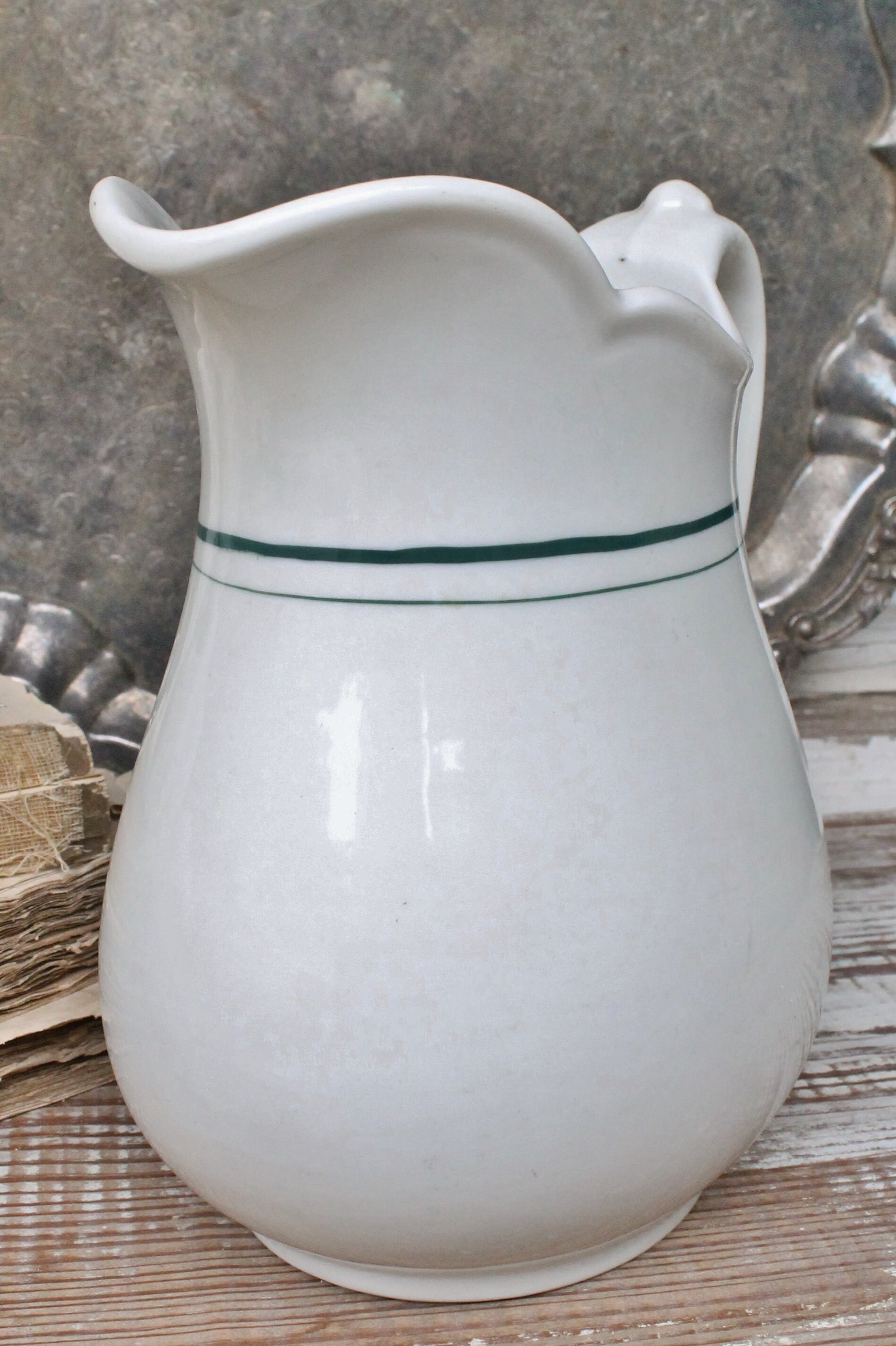 Vintage Ironstone Pitcher Jug SYRACUSE EXTRA LARGE Farmhouse Decor Fixer Upper Decor Green