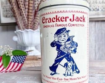Vintage CRACKER JACK Tin Can Red White Blue Farmhouse Americana