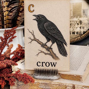May include: A rectangular card featuring a black ink illustration of a crow perched on a branch. The letter C is printed in the upper left corner, and the word crow is printed in black at the bottom. The card is held upright by a metal pin holder.