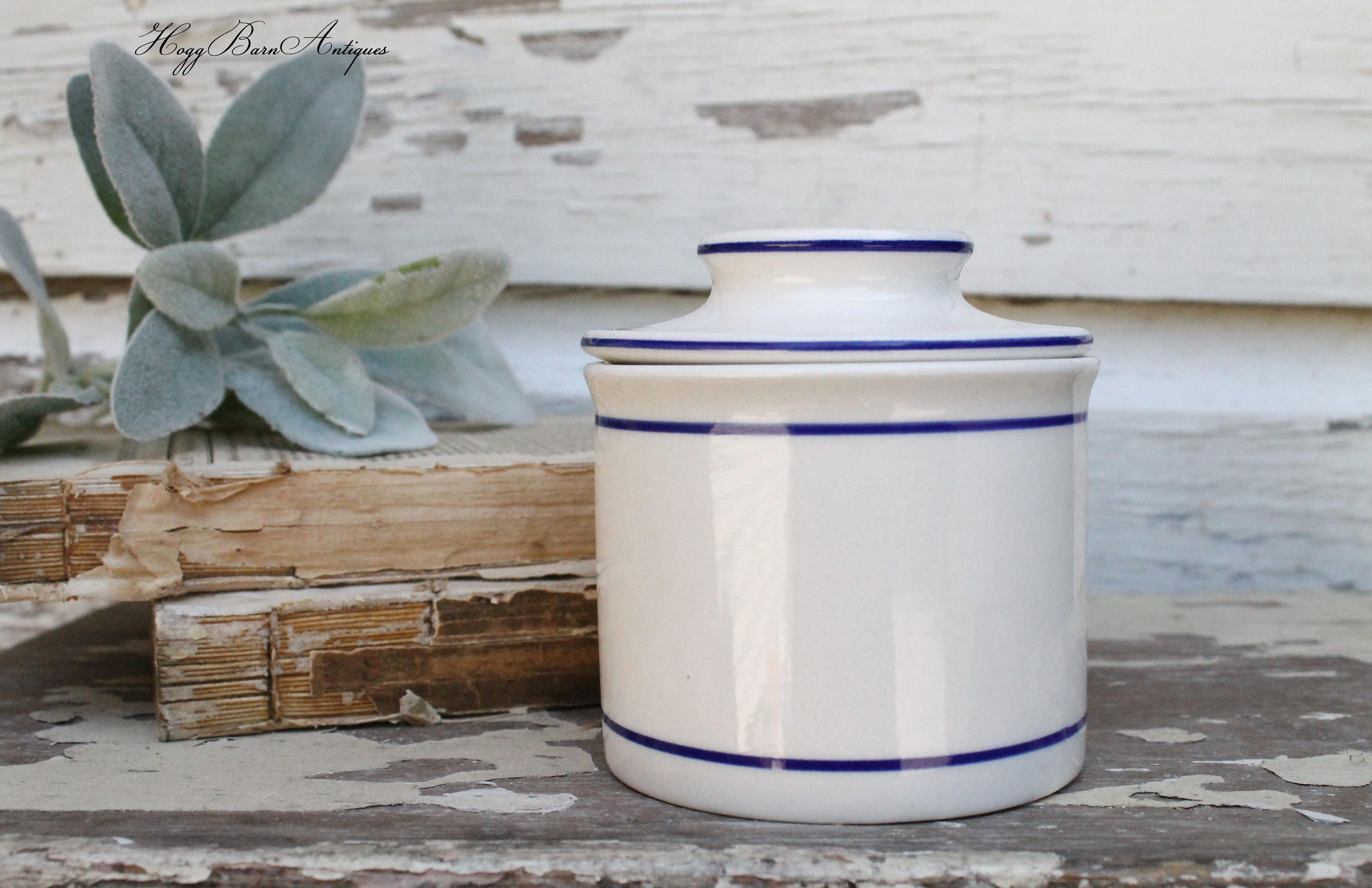 Vintage White Stoneware Butter Bell Jar Crock Blue with Lid Restaurant