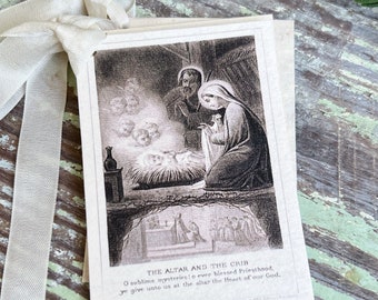 Gift Tags Mary Mother Jesus MANGER Farmhouse Decor French Prayer Holy Card Religious CHRISTMAS Christian Catholic